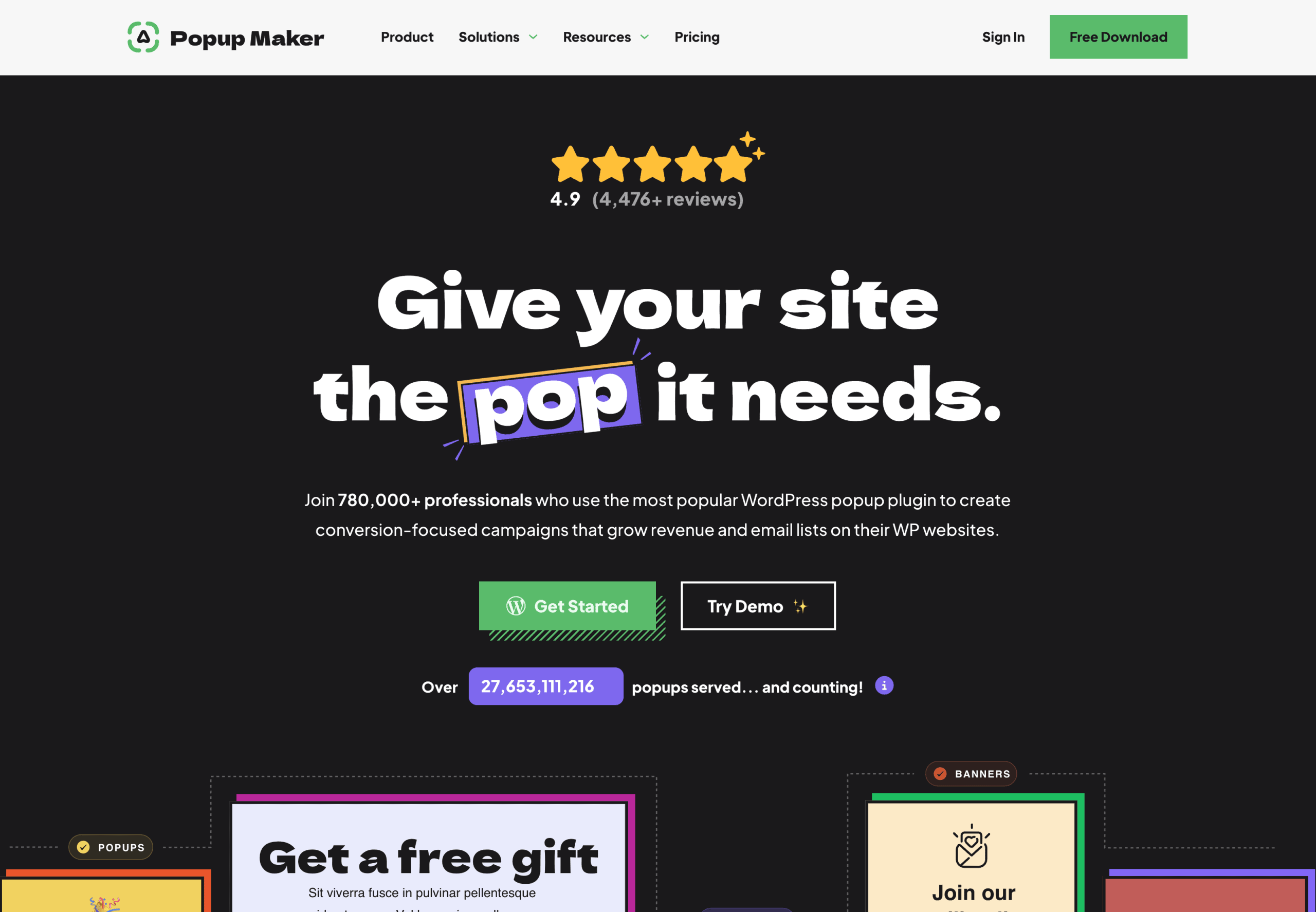 Screenshot of Popup Maker's homepage featuring a headline "Give your site the pop it needs," user rating, call-to-action buttons, and statistics on popups served.