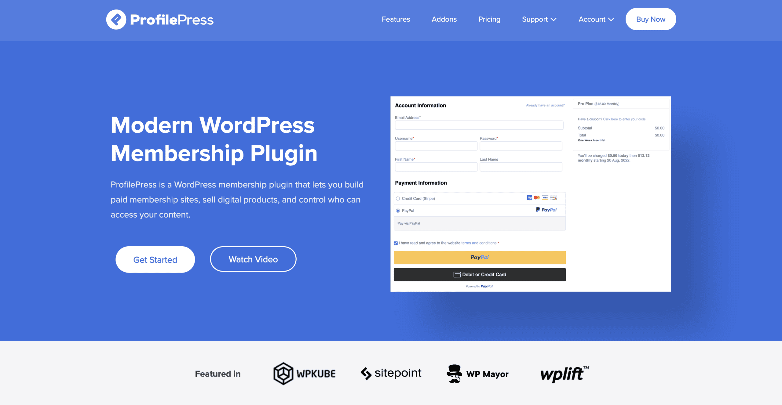 ProfilePress website homepage featuring a blue background, promotional text for a WordPress membership plugin, a screenshot of payment options, and navigation links at the top.