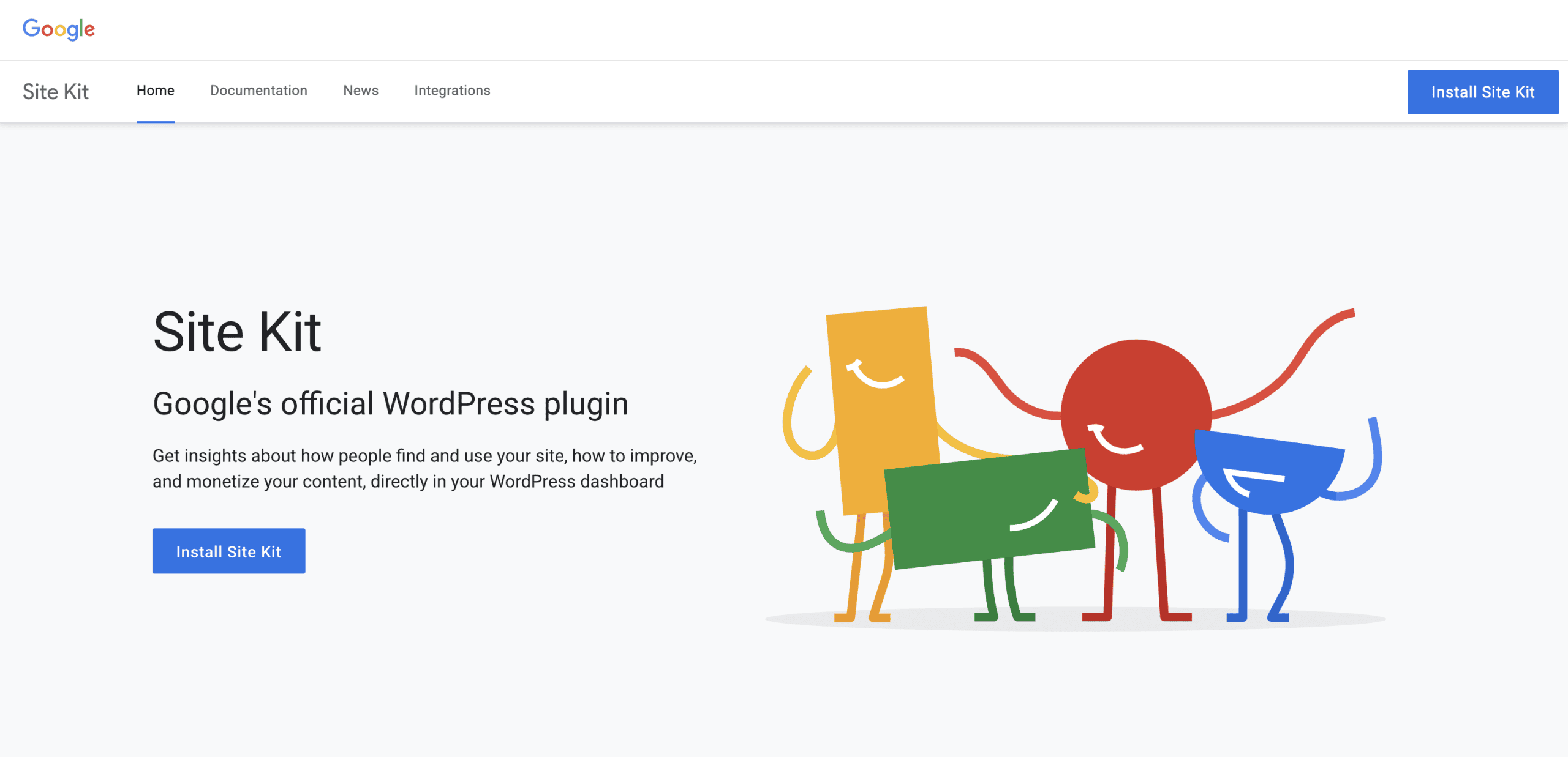Screenshot of Google's Site Kit plugin page showing a header, description, "Install Site Kit" buttons, and colorful abstract character illustrations on a white background.