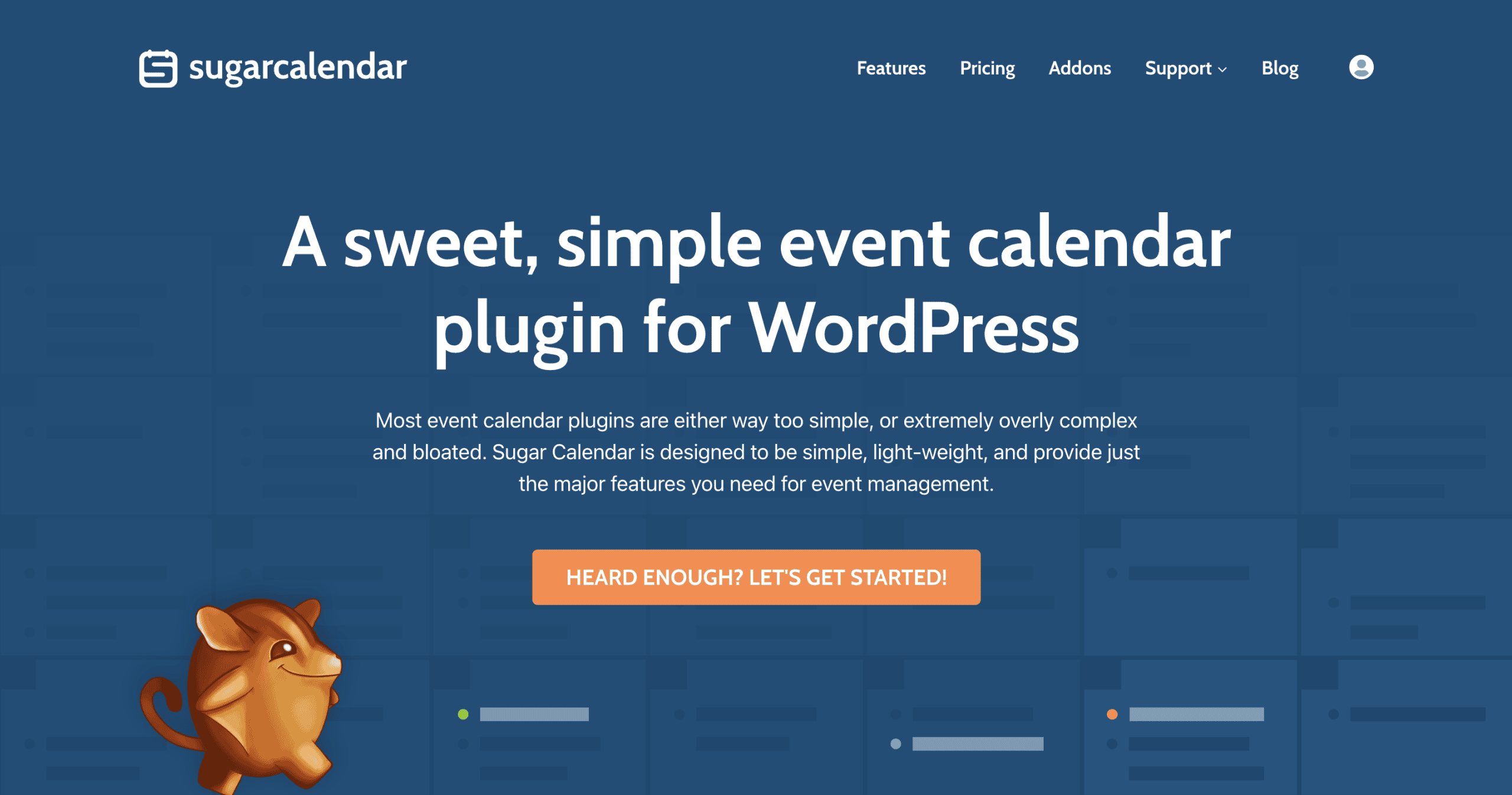 Screenshot of the Sugar Calendar website homepage, featuring a tagline about a simple event calendar plugin for WordPress, with a cartoon chipmunk and an orange call-to-action button.