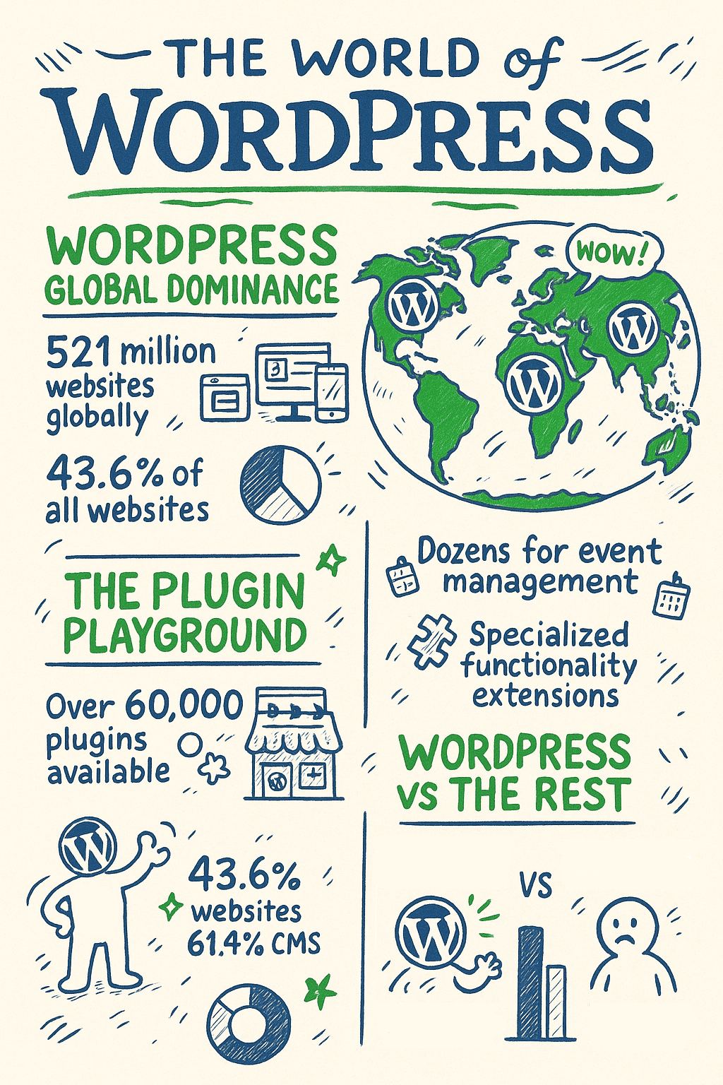 Infographic about WordPress features global dominance, plugin availability, percentage of websites using WordPress, and comparisons with other website platforms.