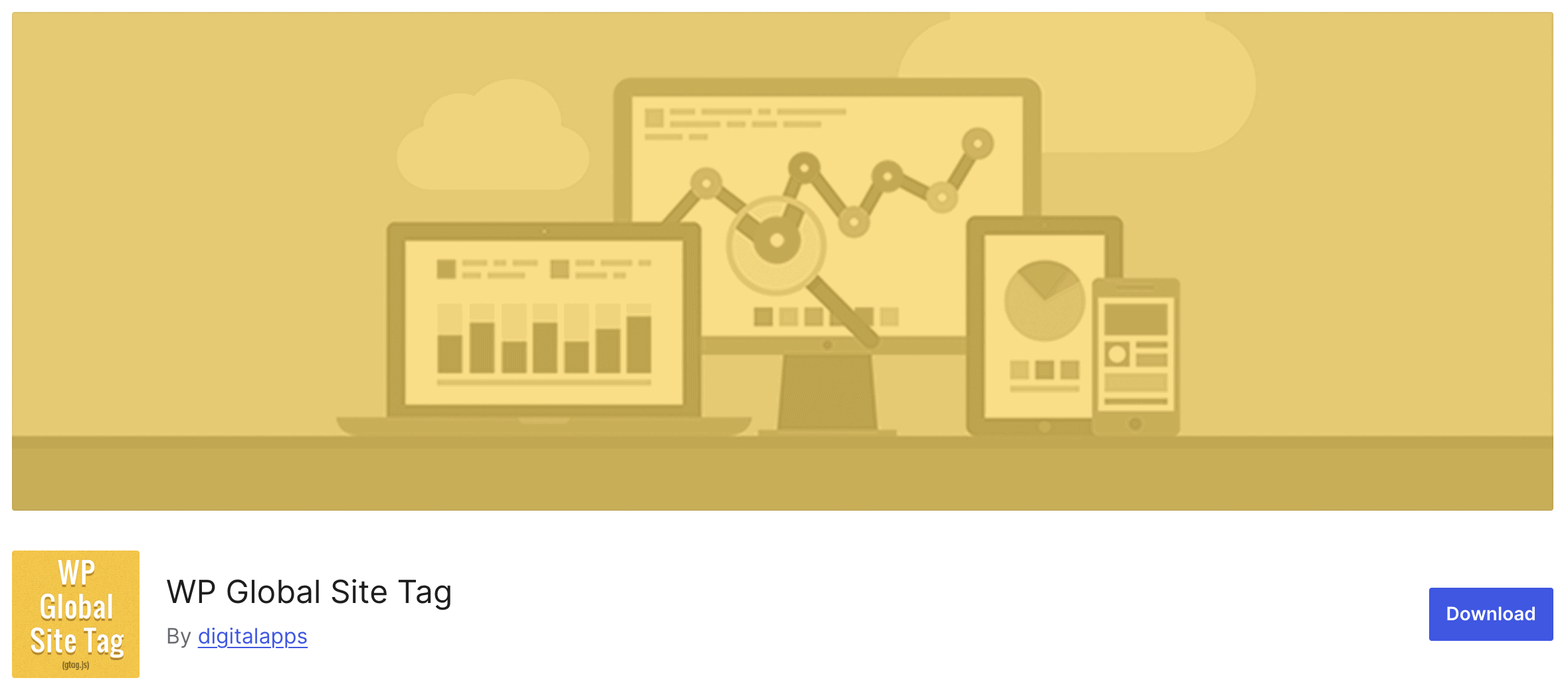 Illustration of desktop, tablet, and smartphone displaying graphs and charts, representing analytics. "WP Global Site Tag" by digitaltapps with a download button below.