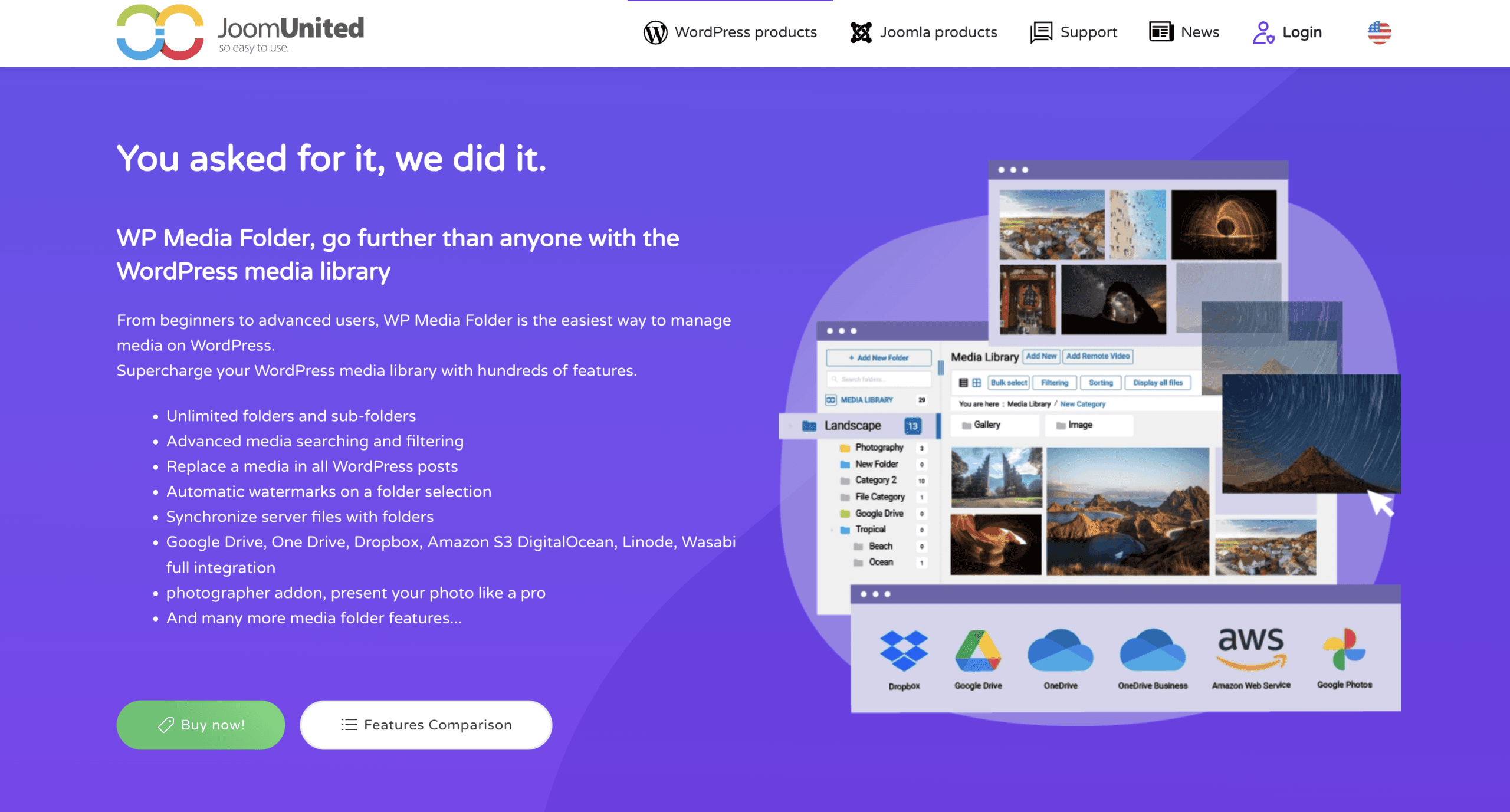 Screenshot of the JoomUnited WP Media Folder webpage, showing features, screenshots of the plugin in use, and cloud storage integrations on a purple background.