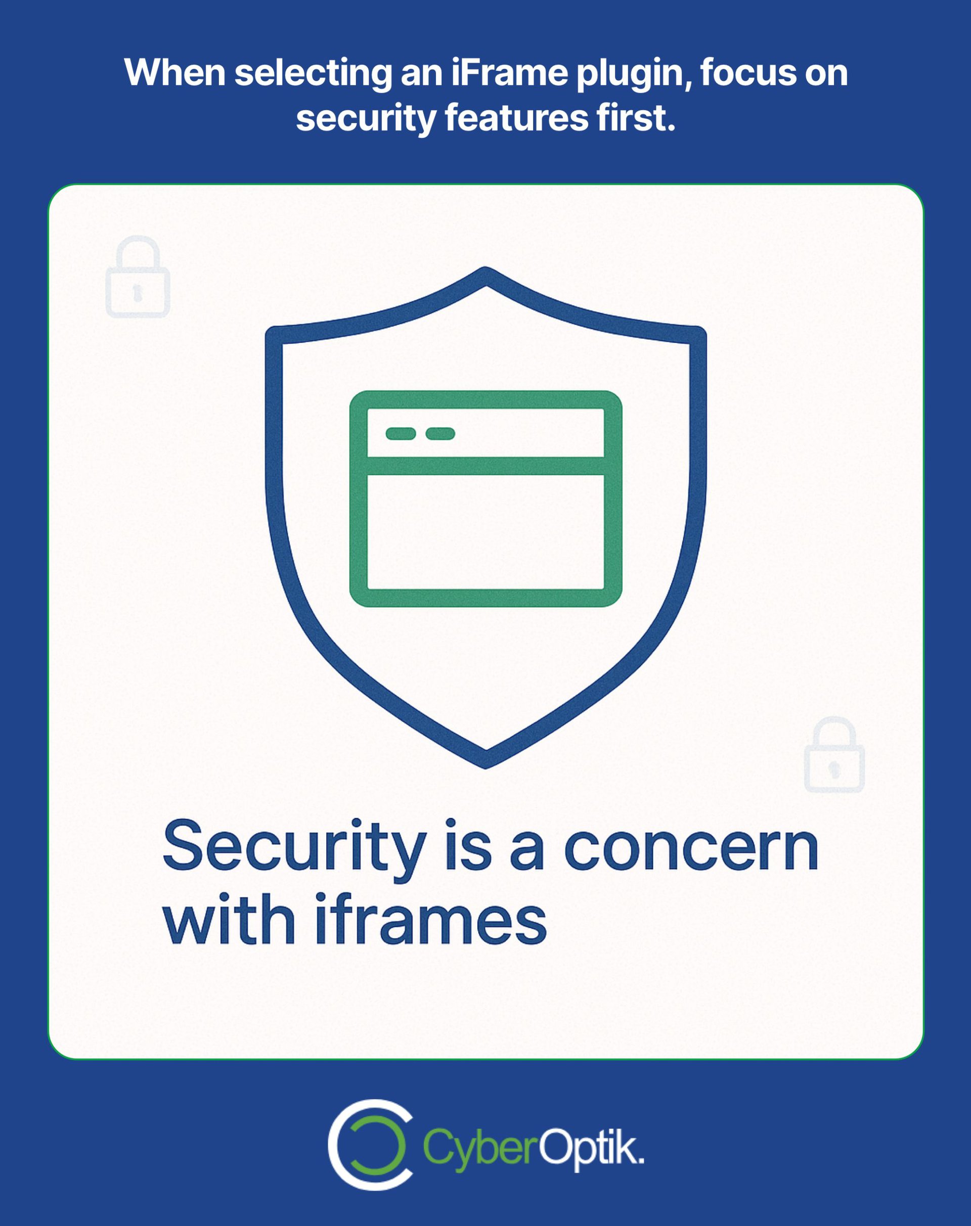 Infographic stating that security is a concern with iframes, advising to focus on security features when selecting an iFrame plugin. CyberOptik logo at the bottom.