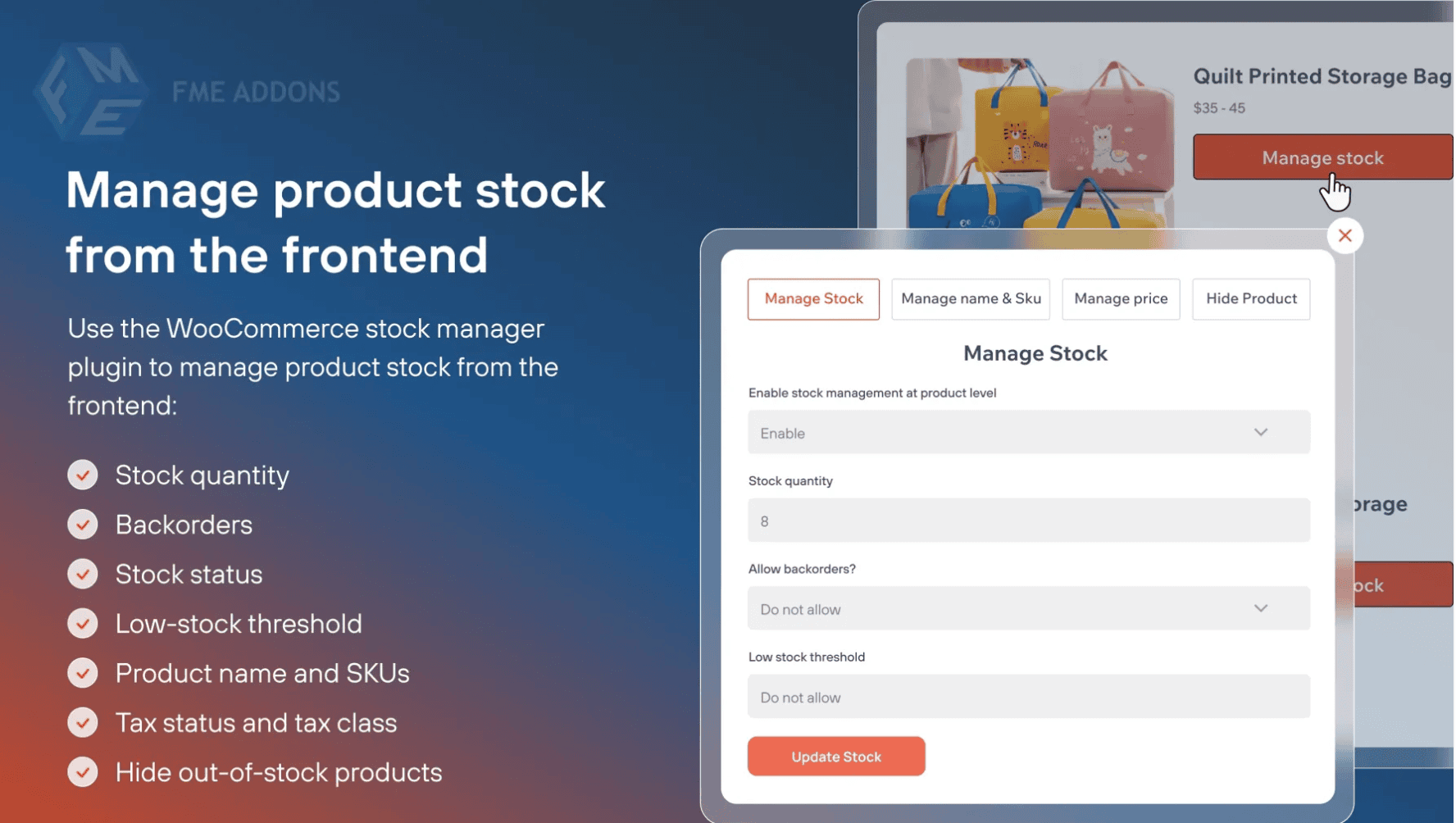 A promotional graphic for a WooCommerce stock manager plugin shows a product stock management interface and lists key features such as stock quantity, backorders, and low-stock threshold.