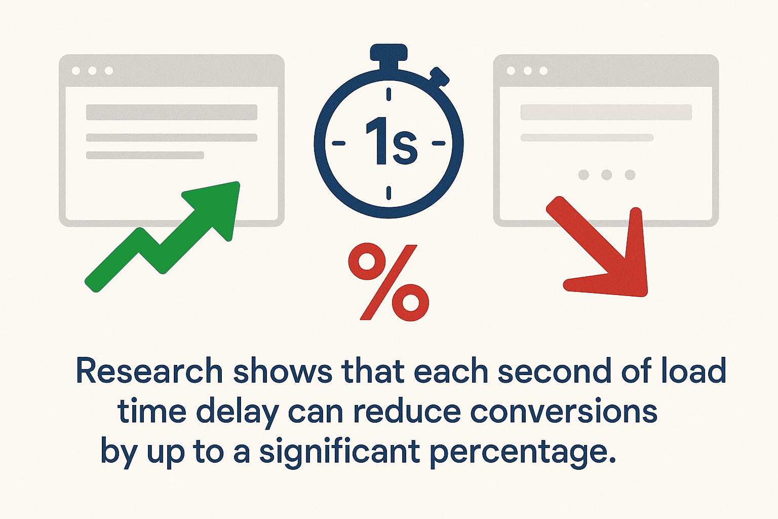 Illustration showing that each one-second website load delay can significantly decrease conversions, featuring a stopwatch and up and down arrows pointing at web page icons.