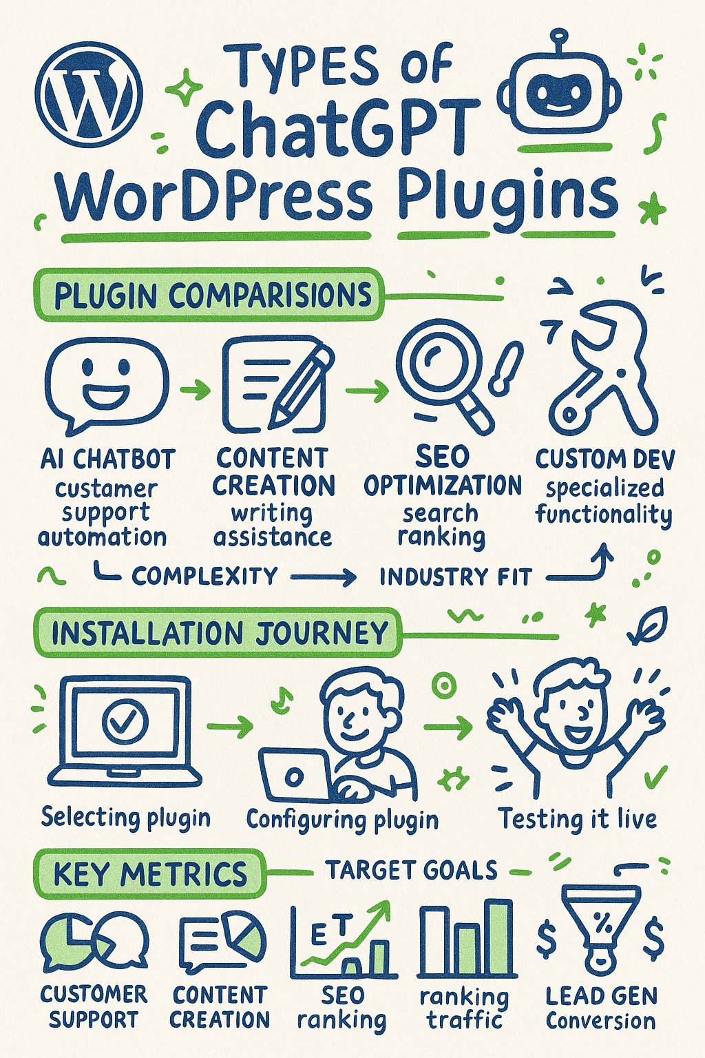 Infographic outlining types of ChatGPT WordPress plugins, including chatbot, content creation, SEO, and custom dev, with steps and key metrics in plugin selection and use.