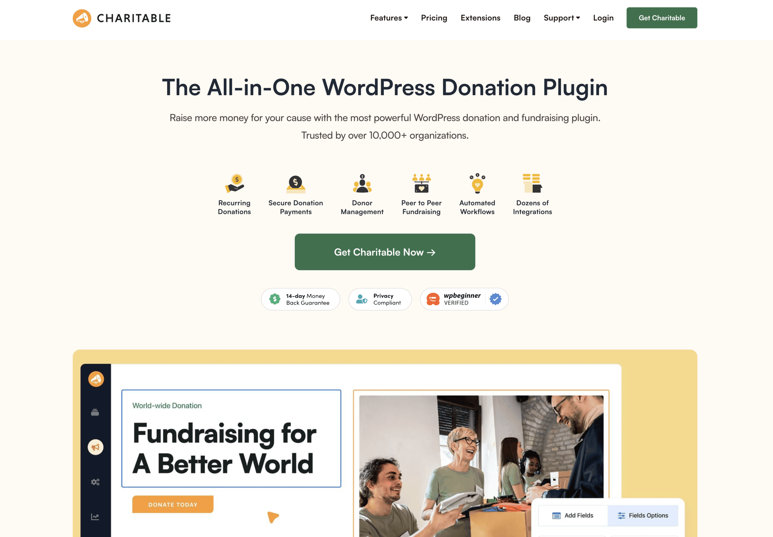 Screenshot of the Charitable website homepage, highlighting its WordPress donation plugin with features, a call-to-action button, and an example of a fundraising campaign interface.