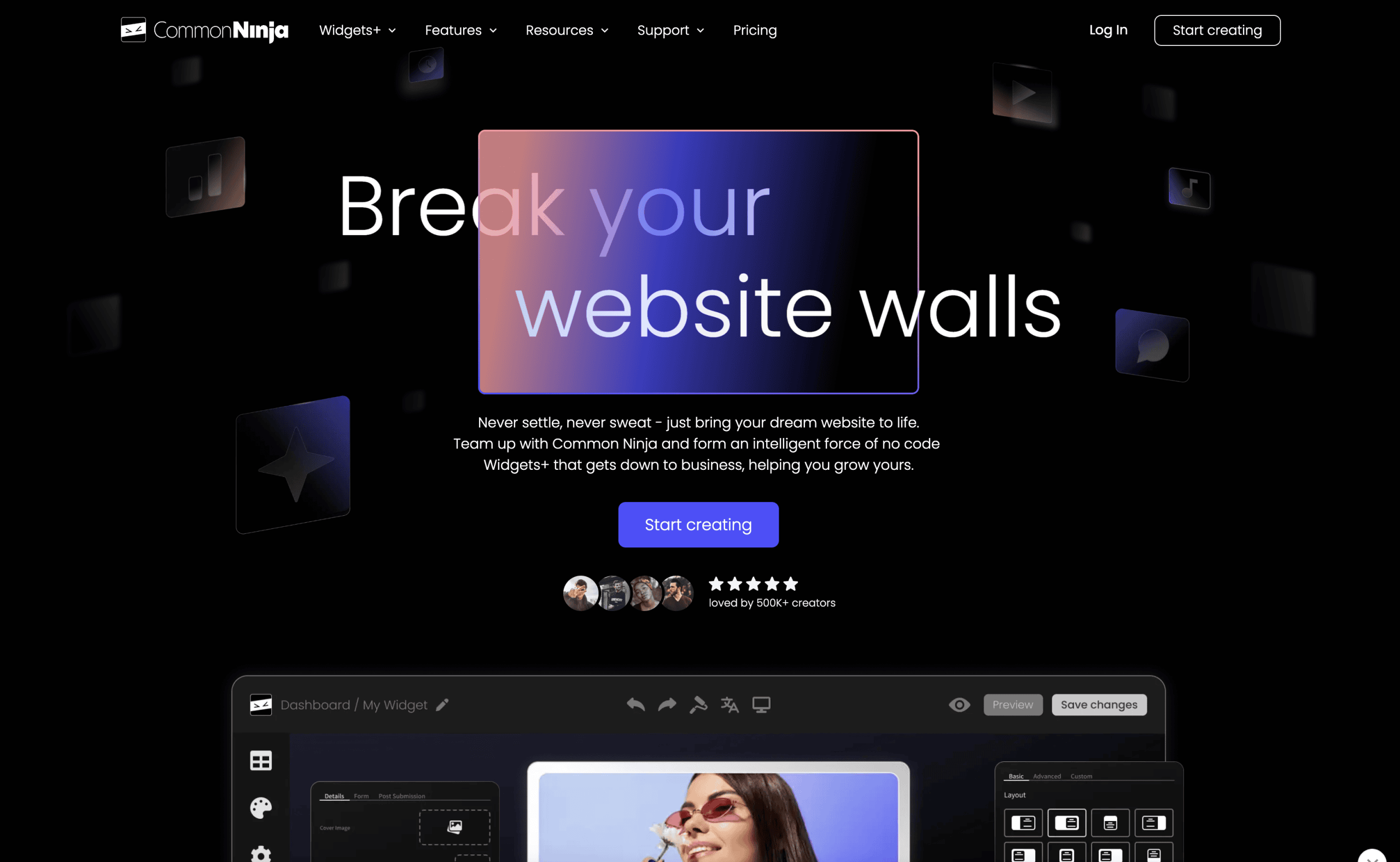 A website homepage with the text "Break your website walls," a "Start creating" button, star ratings, and a dark-themed interface for building widgets shown below.