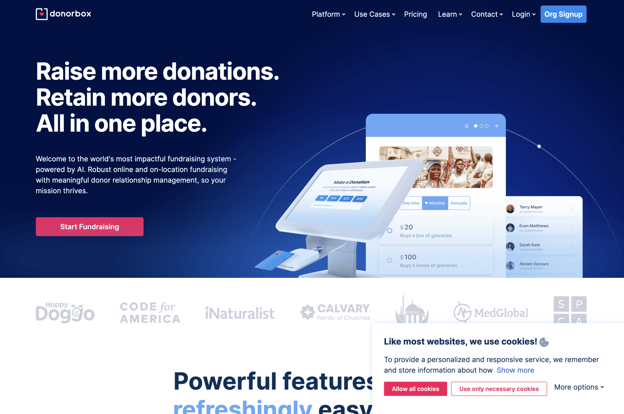 Screenshot of the Donorbox website homepage showing a fundraising promotion with text, a "Start Fundraising" button, and an on-screen image of a donation platform.