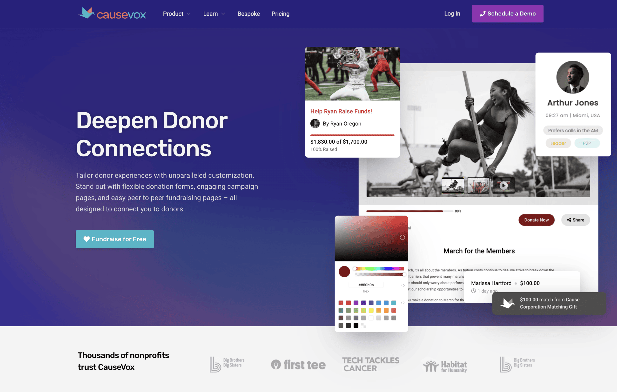 A fundraising platform webpage features donation campaign cards, donor profiles, event details, and a prominent "Fundraise for Free" button on a purple gradient background.