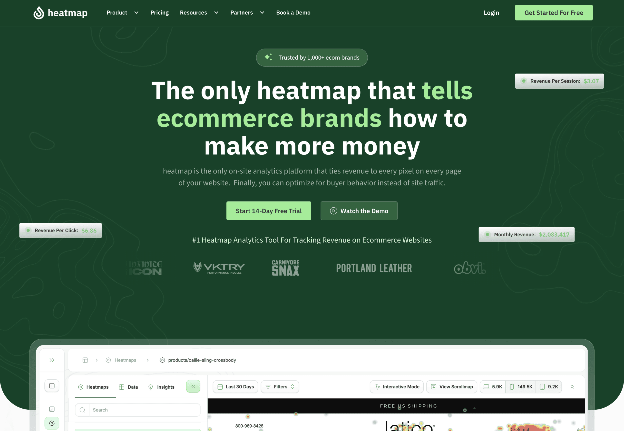 Screenshot of the Heatmap homepage, featuring a green background, bold headline about ecommerce analytics, logos of brands, and a call-to-action for a free trial or demo.