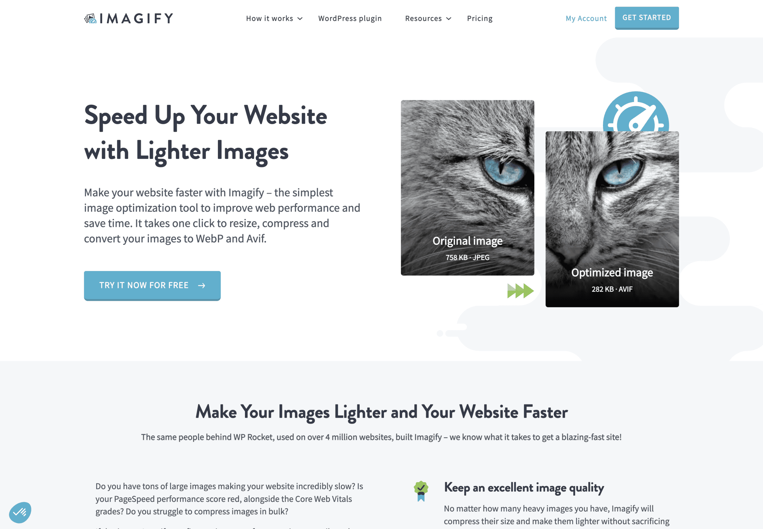 Screenshot of the Imagify website homepage, featuring a comparison of original and optimized cat images, and text about speeding up websites with lighter images.