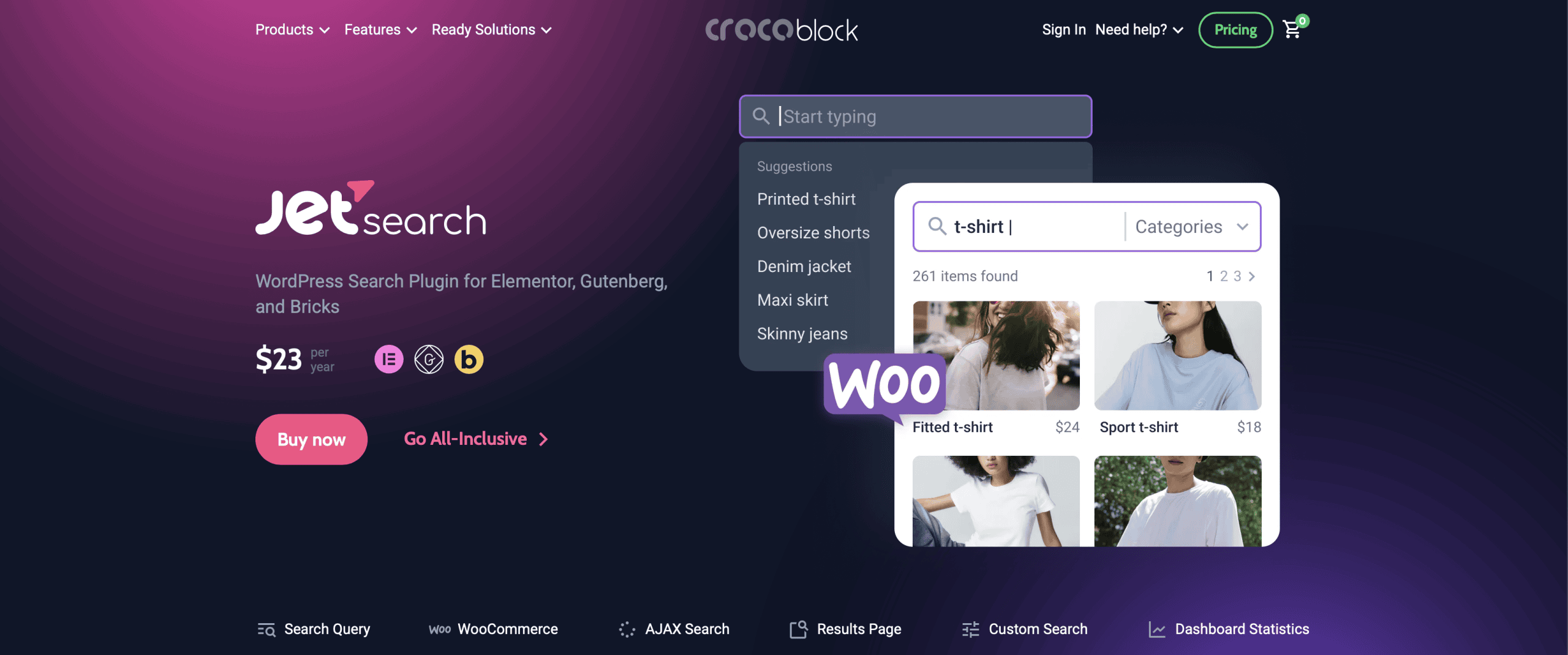 Screenshot of JetSearch plugin webpage showing search features for clothing items, pricing details, and a search bar with t-shirt results on the right side.