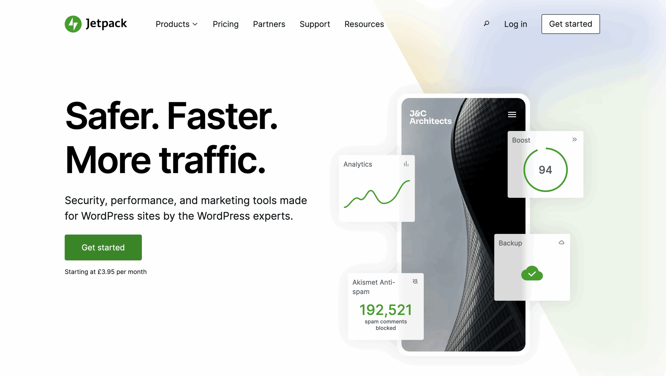 Jetpack website homepage showing marketing for WordPress tools with stats, graphs, and a "Get started" button on a white background.
