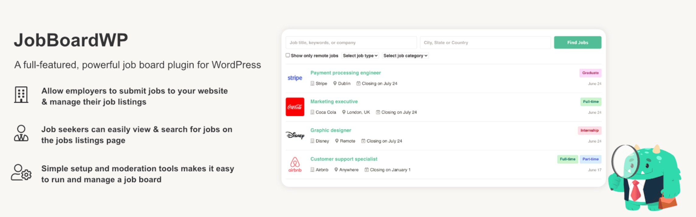 Screenshot of JobBoardWP plugin for WordPress highlighting features for employers and job seekers, with a job listings panel and a cartoon monster mascot on the right.