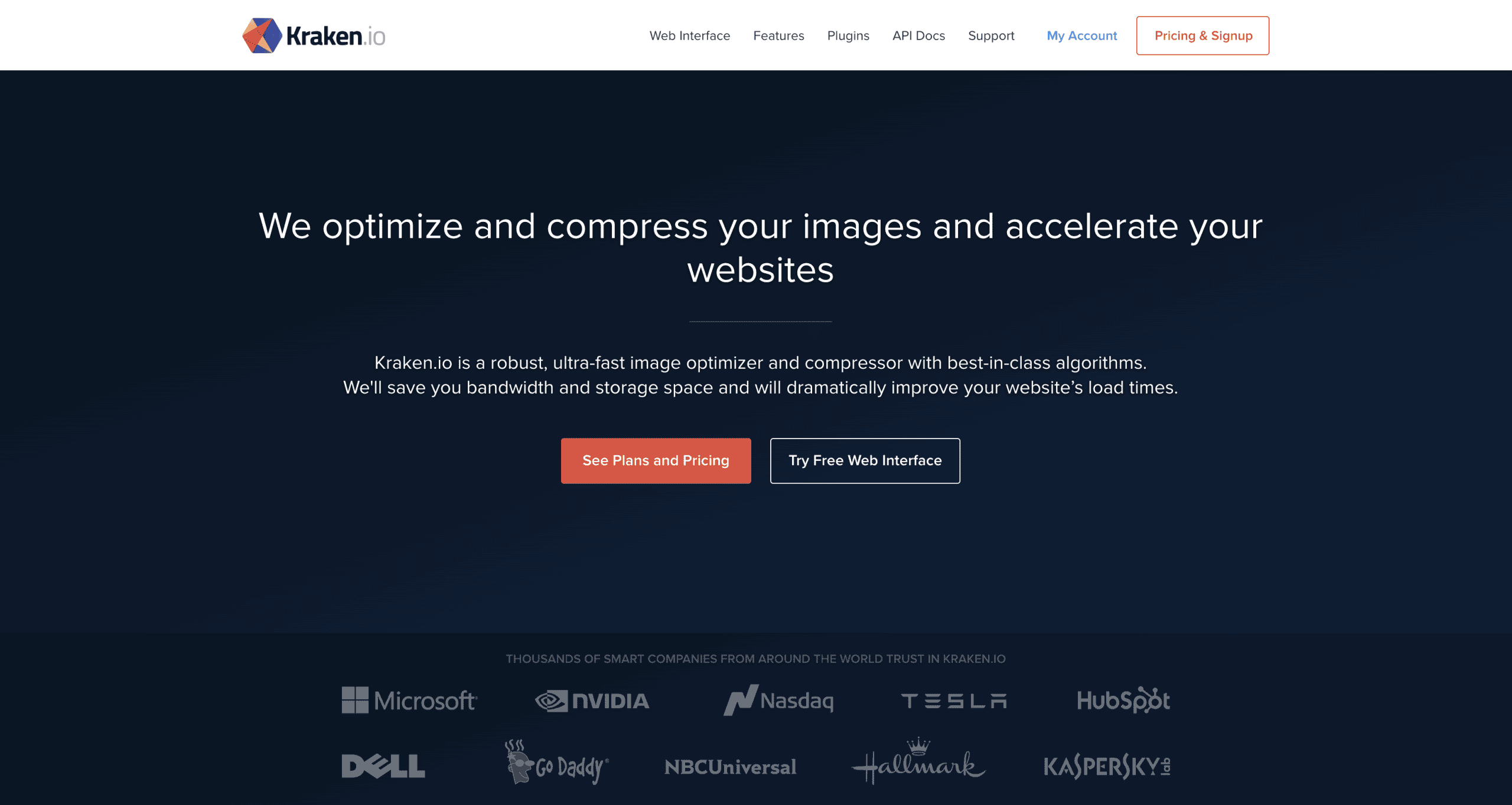 Screenshot of Kraken.io homepage displaying its image optimizer service, with buttons for pricing and free trial, and logos of major client companies at the bottom.