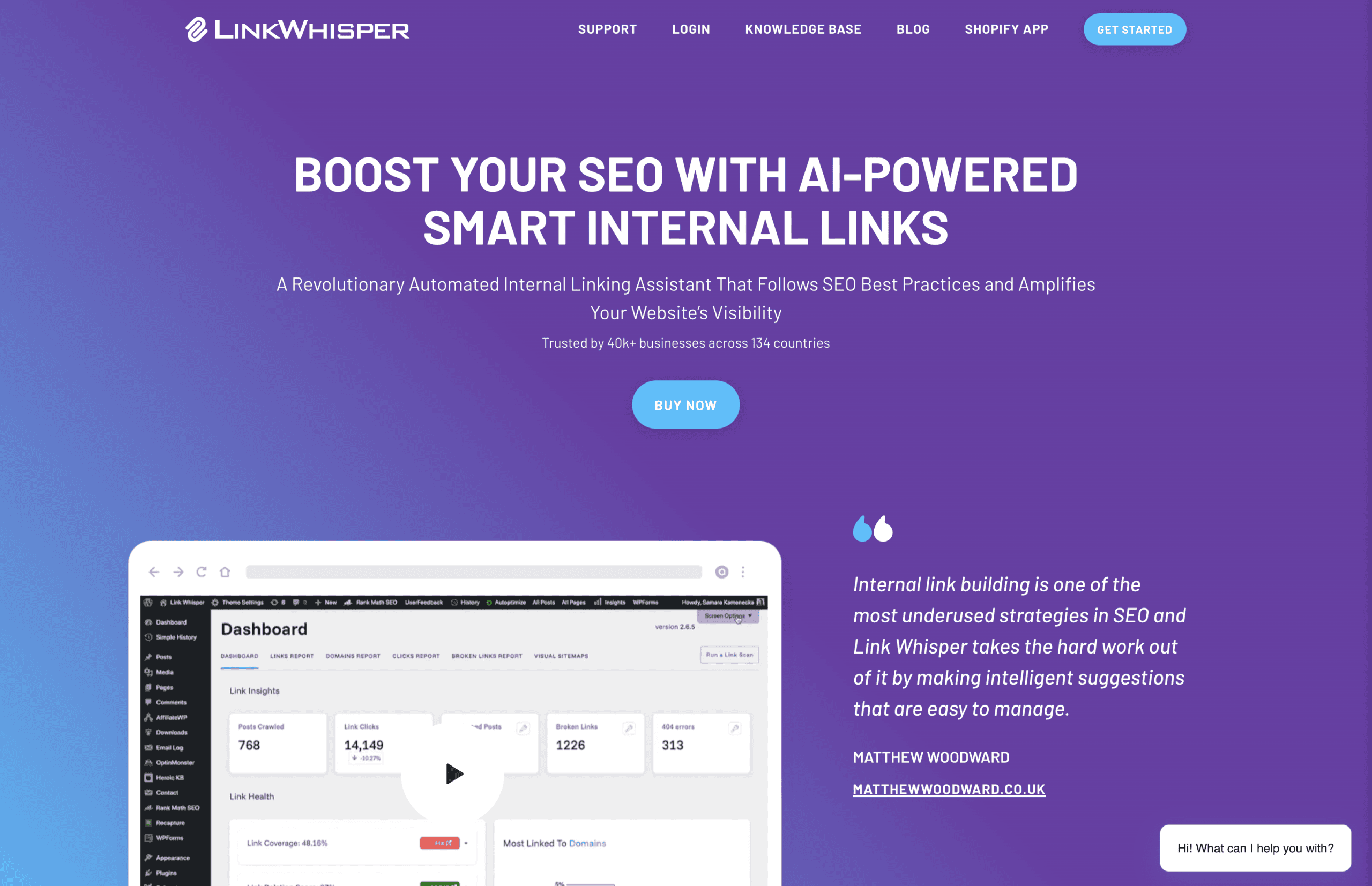 Screenshot of the Link Whisper homepage featuring a headline about AI-powered internal links, a dashboard image, a testimonial, and navigation options on a purple background.
