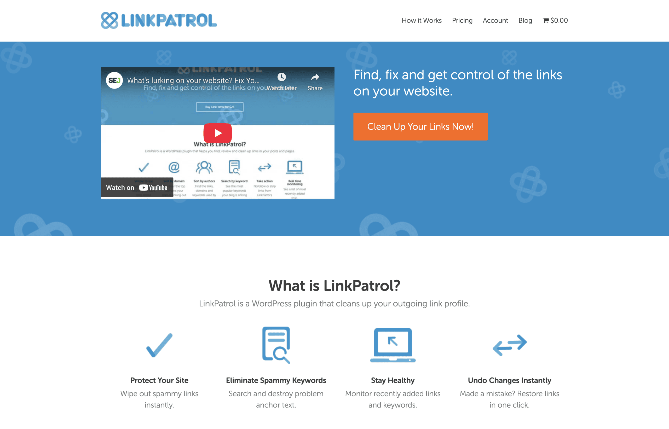 Screenshot of the LinkPatrol website homepage featuring a video, a call-to-action button, and descriptions of its link-cleaning features for WordPress sites.