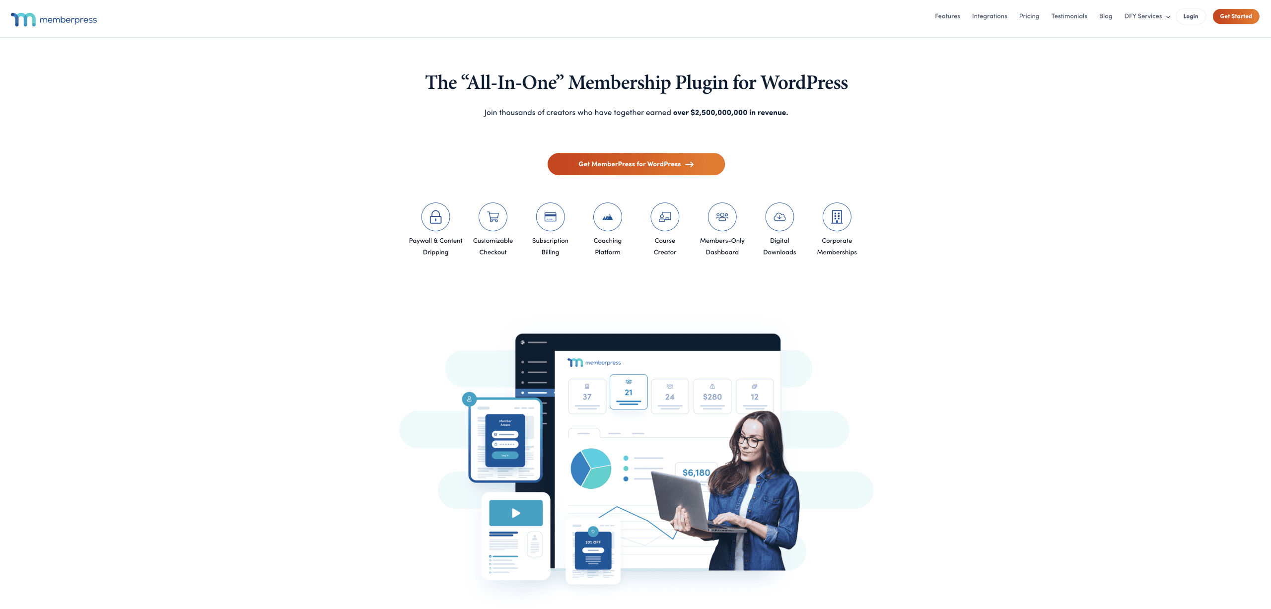 Screenshot of the MemberPress website homepage showing its tagline, feature icons, a call-to-action button, and an image of a woman using a laptop with floating UI graphics.