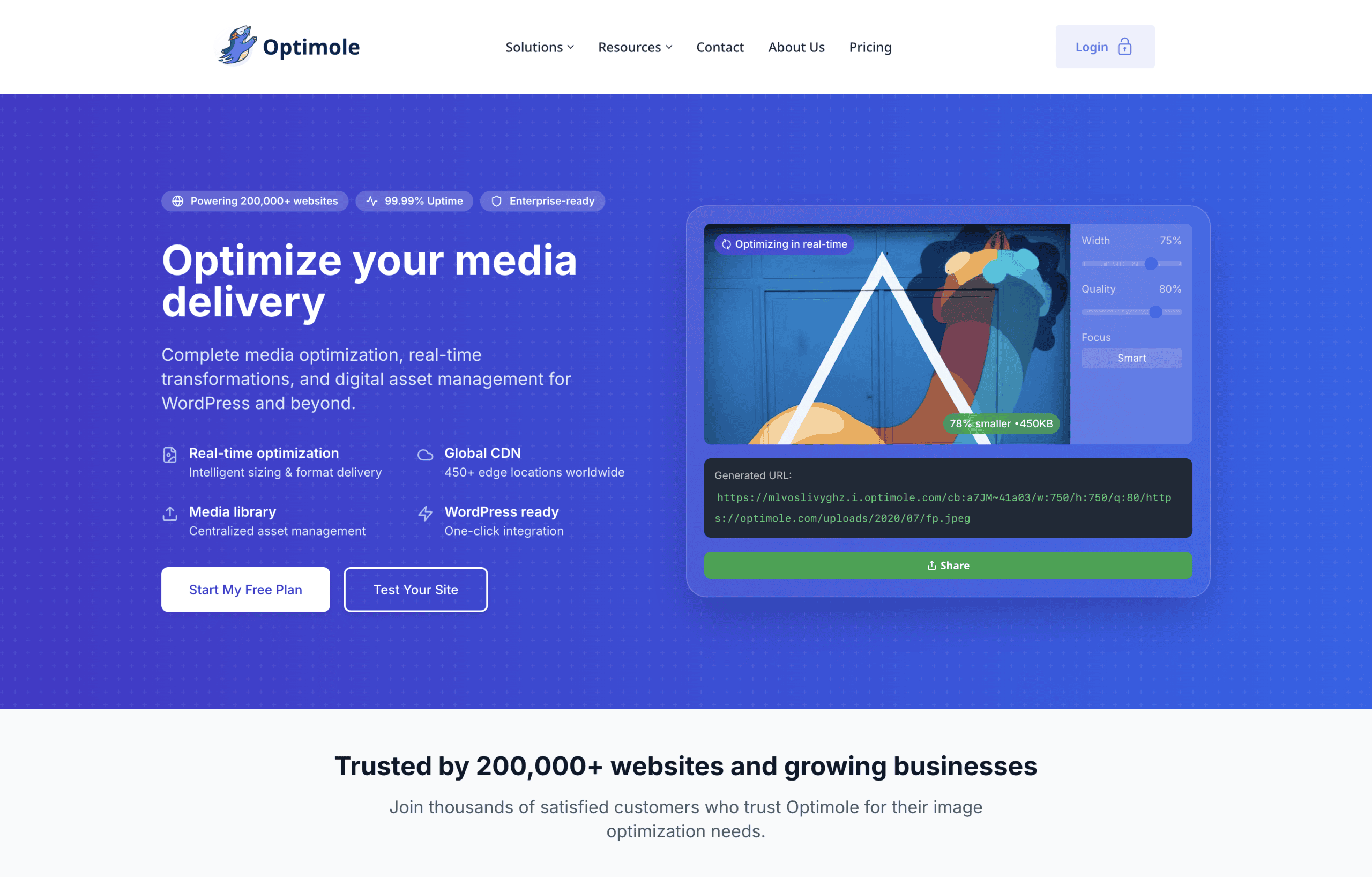 Screenshot of Optimole's homepage showcasing media optimization services for WordPress, featuring a "Start My Free Plan" button and customer trust statistics.