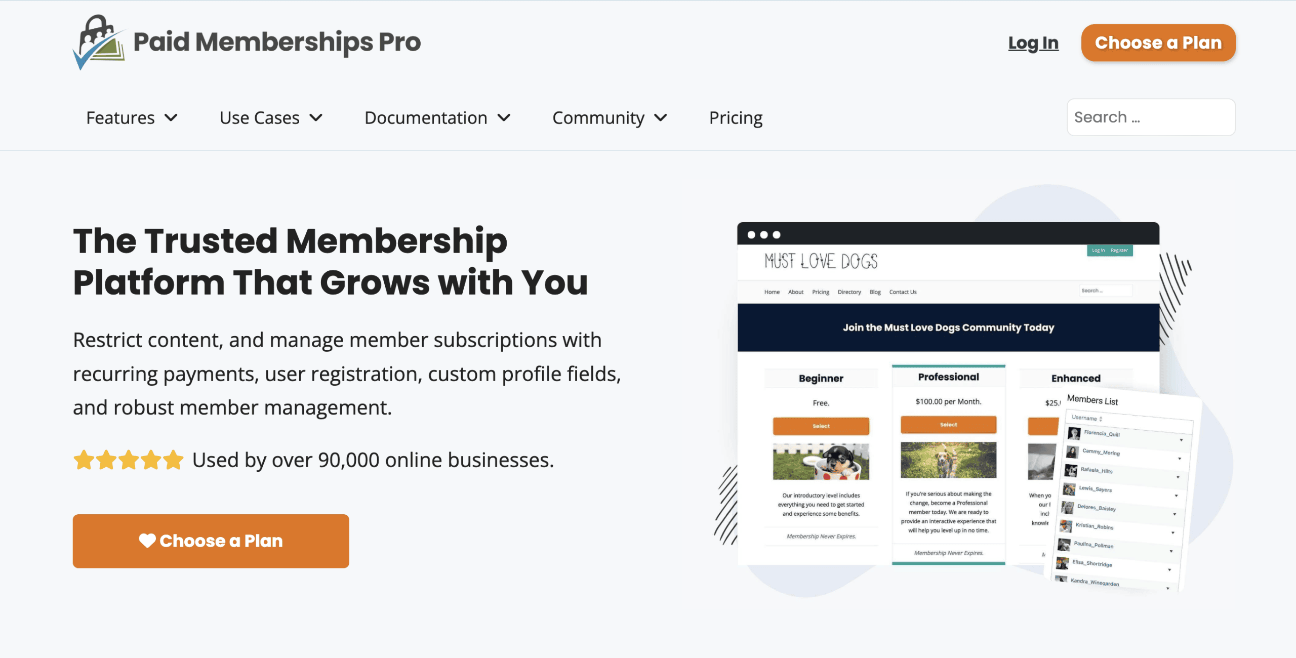 Screenshot of Paid Memberships Pro website homepage, promoting a membership platform with features like subscriptions, user registration, and a call-to-action button labeled "Choose a Plan.