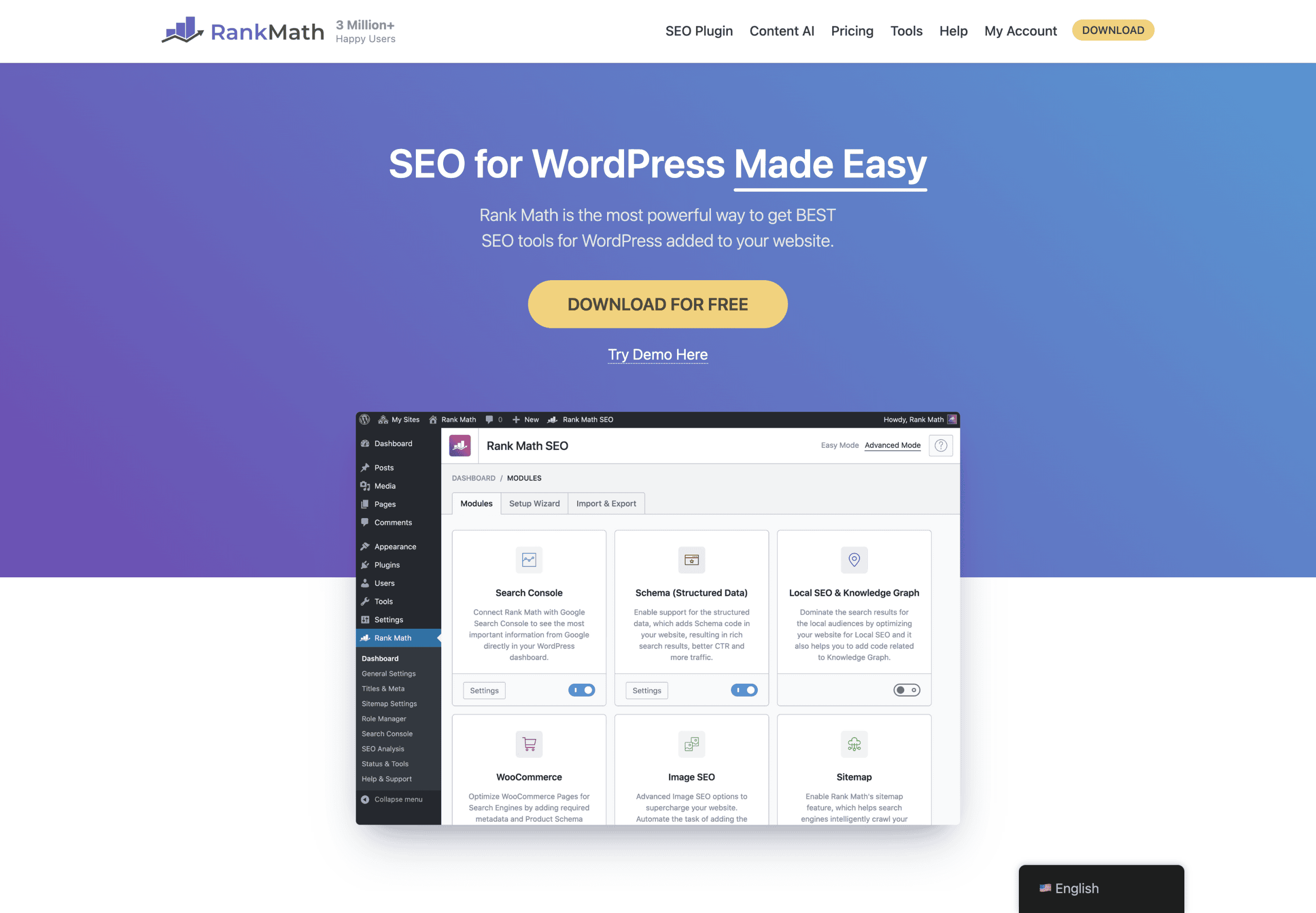 Screenshot of Rank Math’s website homepage featuring a headline about easy WordPress SEO, a yellow "Download for Free" button, and an interface preview of the Rank Math SEO plugin.
