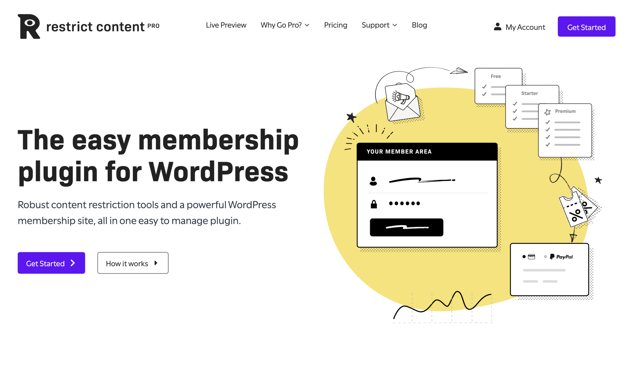 Screenshot of the Restrict Content Pro homepage showing its membership plugin for WordPress, with a headline, signup buttons, and graphics illustrating membership management features.