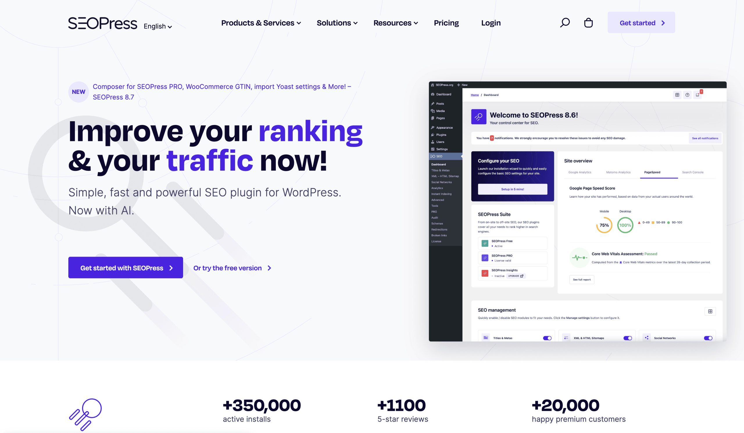Screenshot of the SEOPress website homepage showing features of their WordPress SEO plugin, with a headline about ranking and traffic, navigation menu, and user dashboard preview.