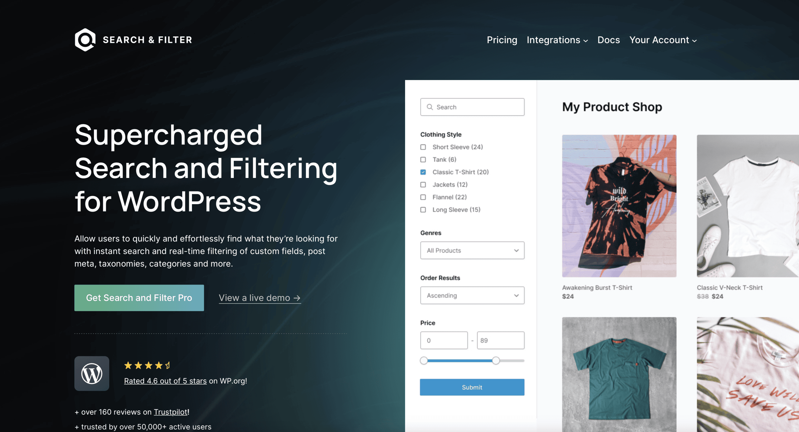 A website homepage for a WordPress search and filter plugin, showing a product shop with search filters and clothing items displayed on the right.