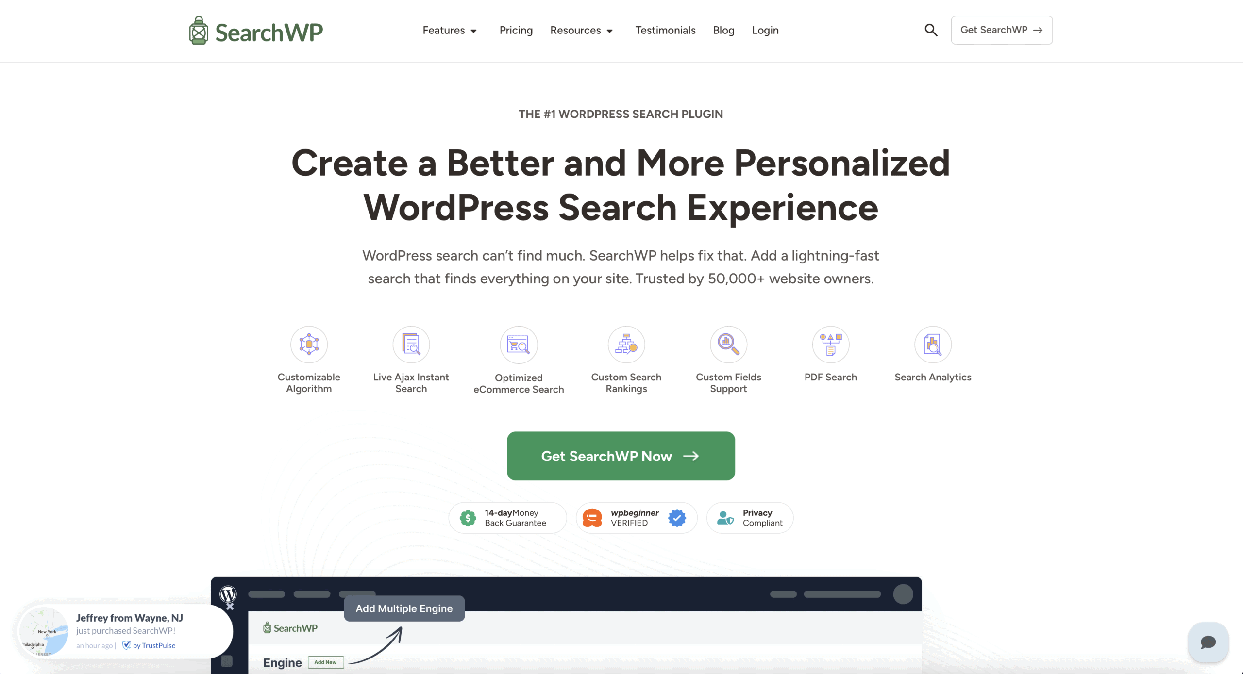 SearchWP homepage displays headline promoting personalized WordPress search, feature icons, testimonial logos, and a green "Get SearchWP Now" button above a screenshot of the plugin interface.