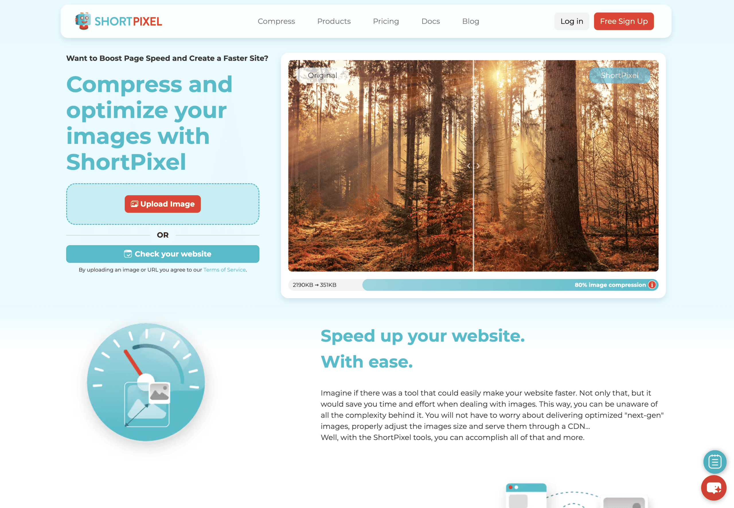 Screenshot of ShortPixel's website homepage featuring an image compression tool, upload button, and description about optimizing images to improve website speed.