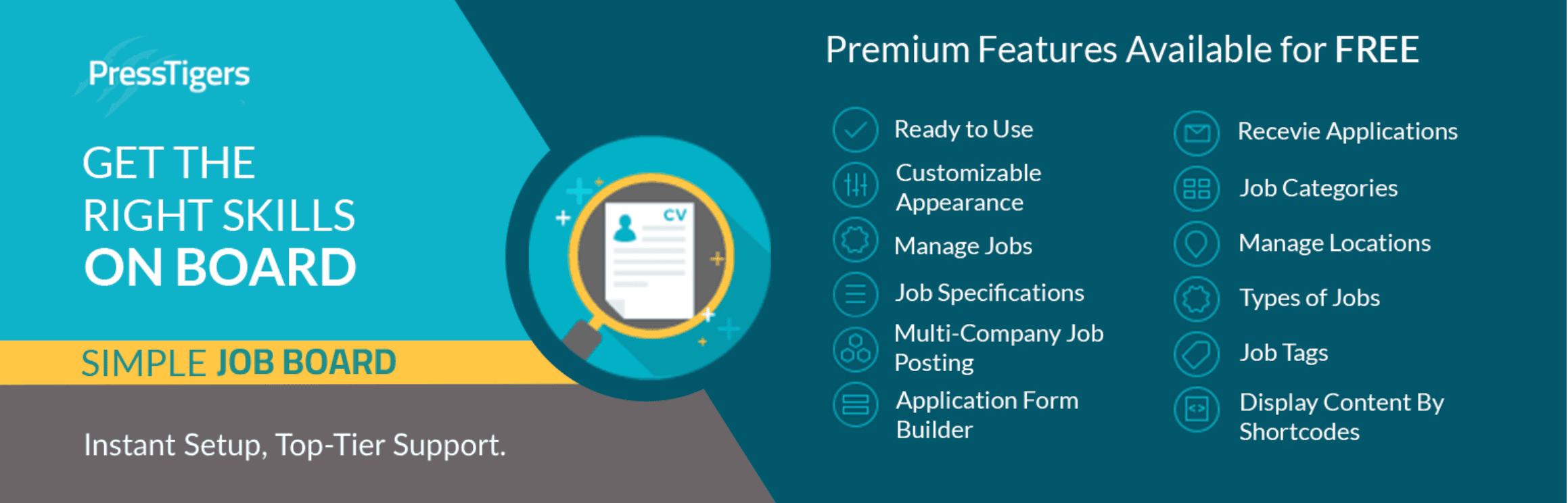 Simple Job Board promotional banner listing premium features such as job management, customizable appearance, and multi-company posting, with a graphic of a resume and icons.