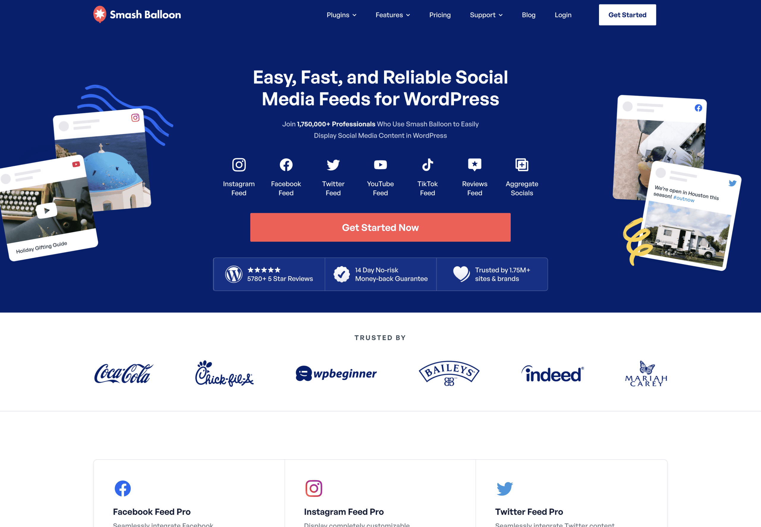 Screenshot of the Smash Balloon website homepage, highlighting social media feed plugins for WordPress with a “Get Started Now” button and client logos at the bottom.