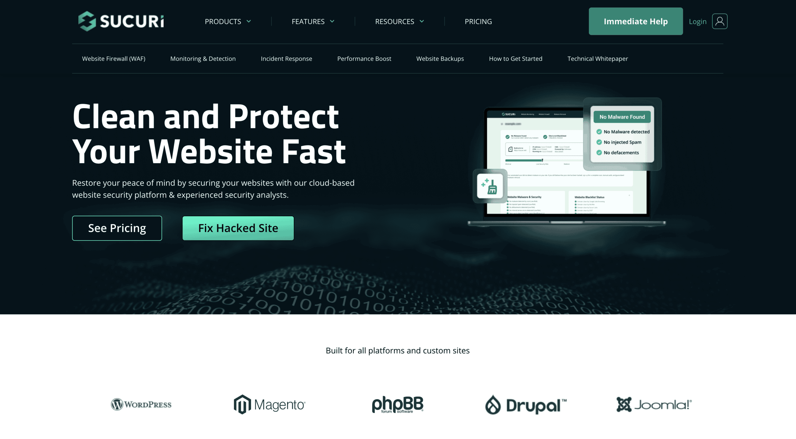 Screenshot of Sucuri’s website homepage highlighting website security services, with buttons for pricing and fixing hacked sites, and platform logos including WordPress, Magento, and Drupal.