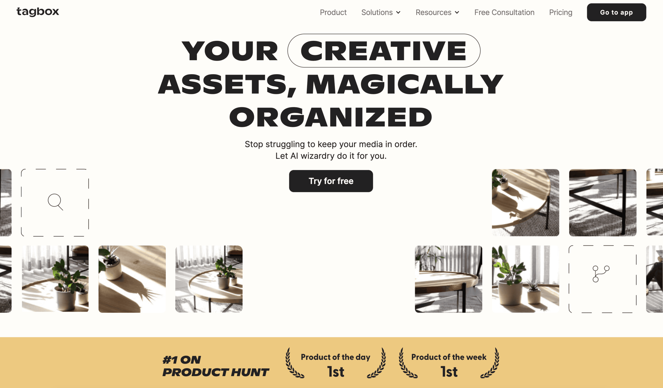 Homepage of Tagbox featuring the tagline "Your creative assets, magically organized," sample images, and a call-to-action button labeled "Try for free.