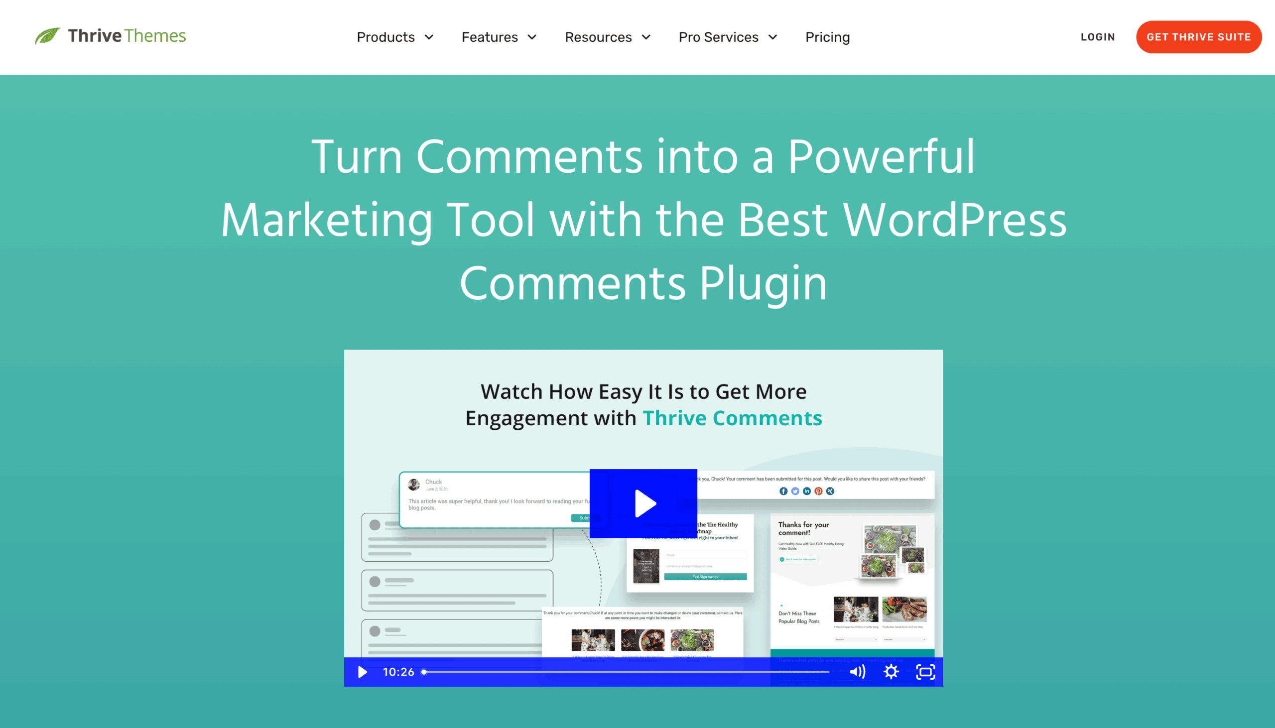 Screenshot of the Thrive Themes webpage highlighting their WordPress comments plugin, featuring a headline and a video demonstration on enhanced comment engagement tools.