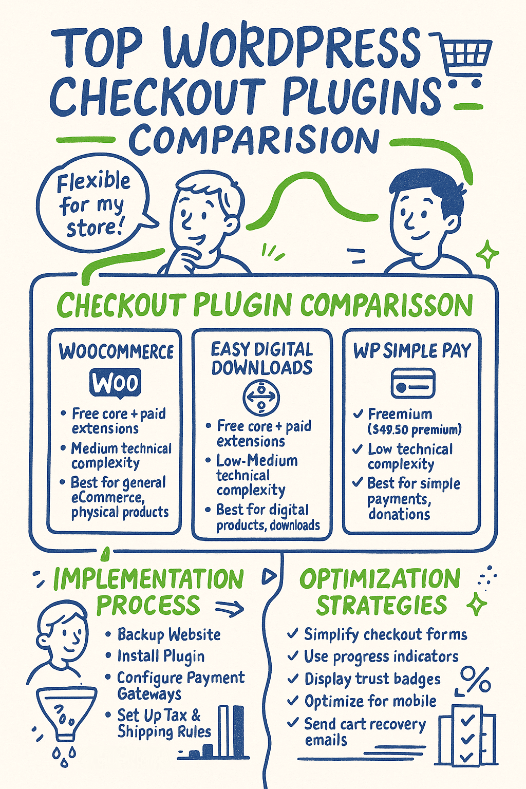 Infographic comparing WooCommerce and WP Simple Pay WordPress checkout plugins, highlighting features, implementation steps, and optimization strategies in illustrated panels.