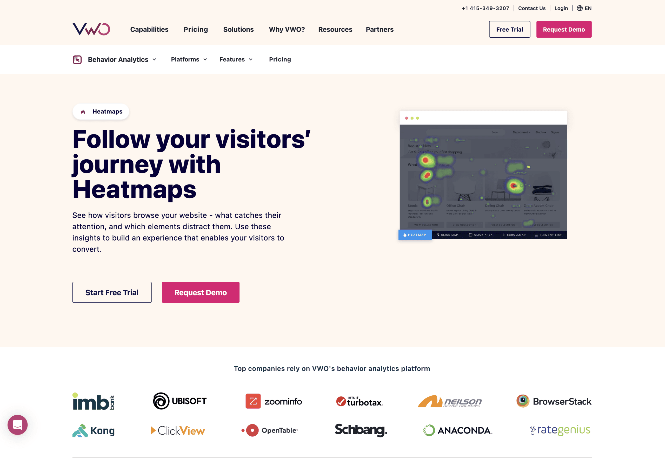 Screenshot of a VWO webpage promoting heatmaps for visitor behavior analytics, featuring a sample heatmap image, headline, and buttons for a free trial or demo request.