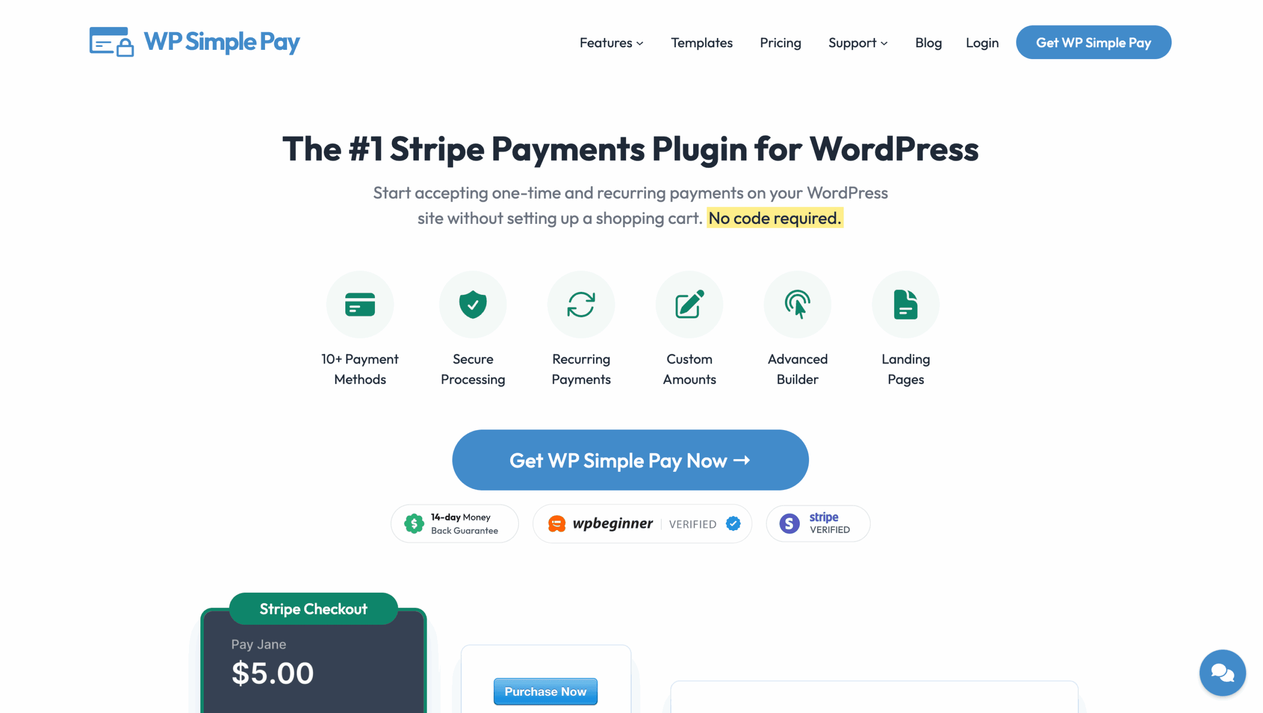 Screenshot of the WP Simple Pay website homepage, highlighting its Stripe payments plugin for WordPress, featuring features like payment methods, recurring payments, and a "no code required" note.