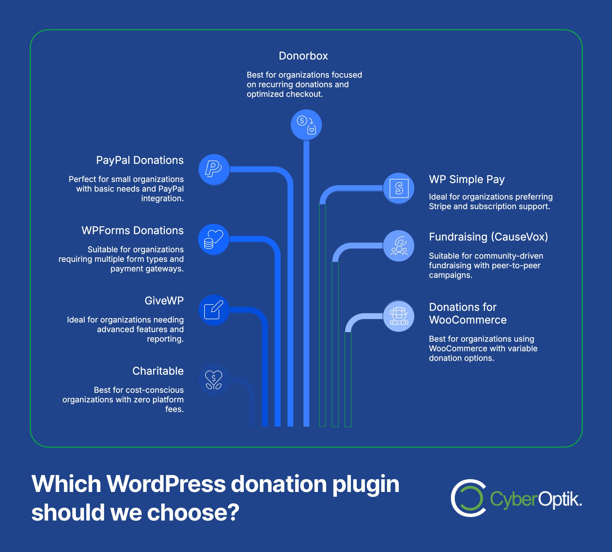 Infographic comparing six WordPress donation plugins, outlining their ideal use cases and features, with the question "Which WordPress donation plugin should we choose?" at the bottom.