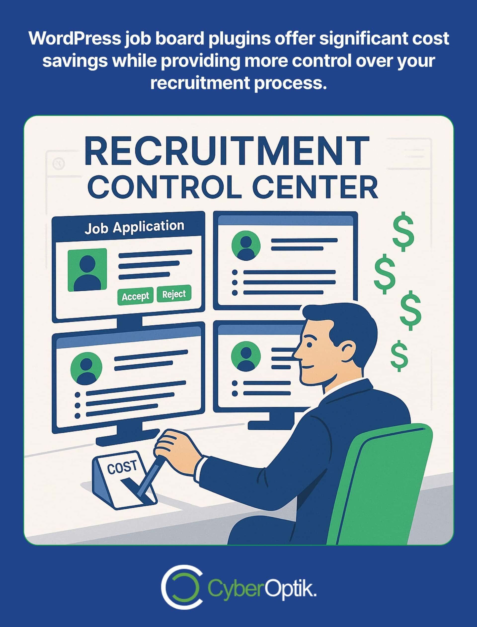 Illustration of a person at a desk using a computer labeled "Recruitment Control Center," reviewing job applications with accept and reject options, highlighting cost savings.