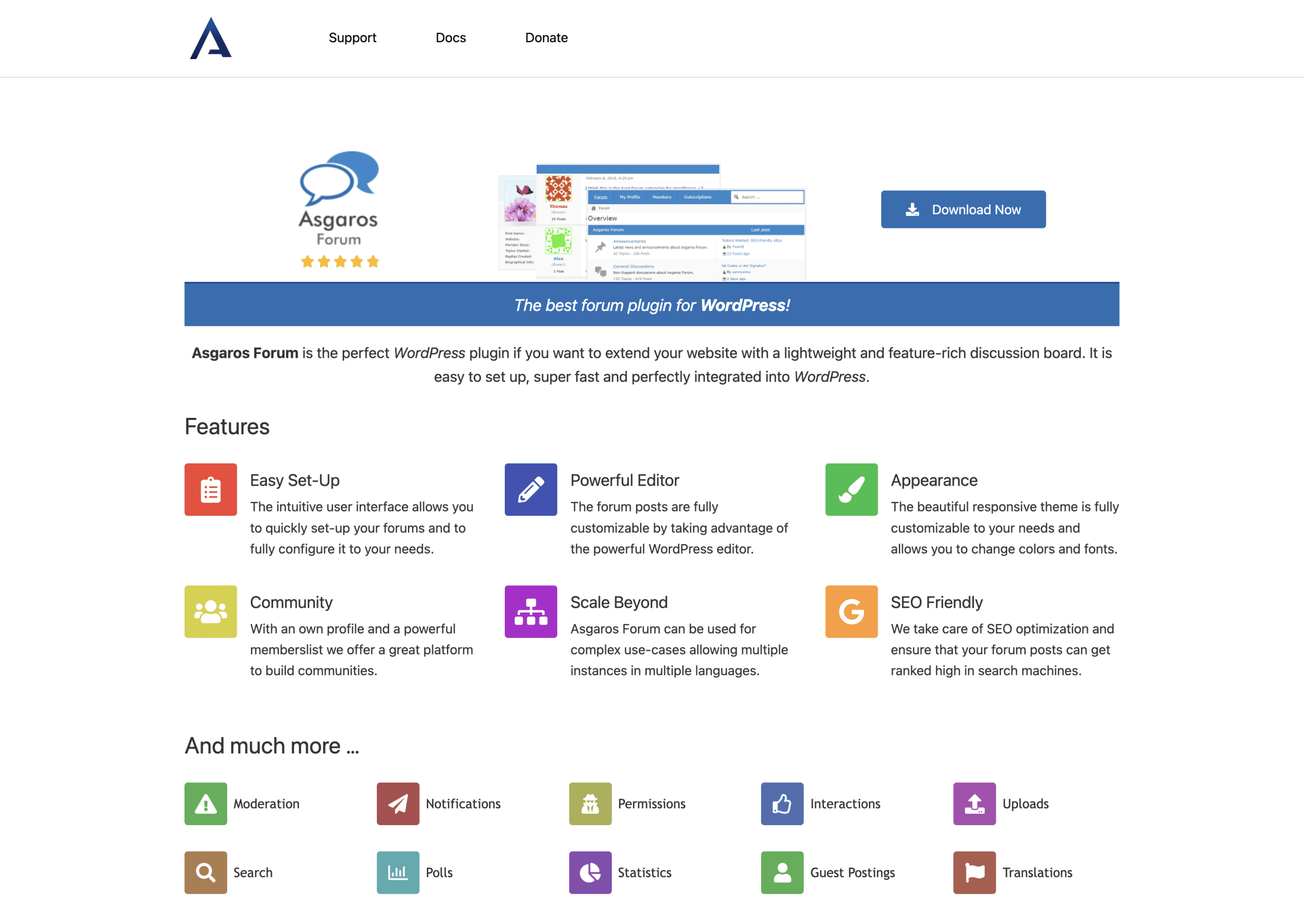 Screenshot of the Asgaros Forum WordPress plugin webpage, highlighting its features, download button, and user interface overview with icons representing various functions.