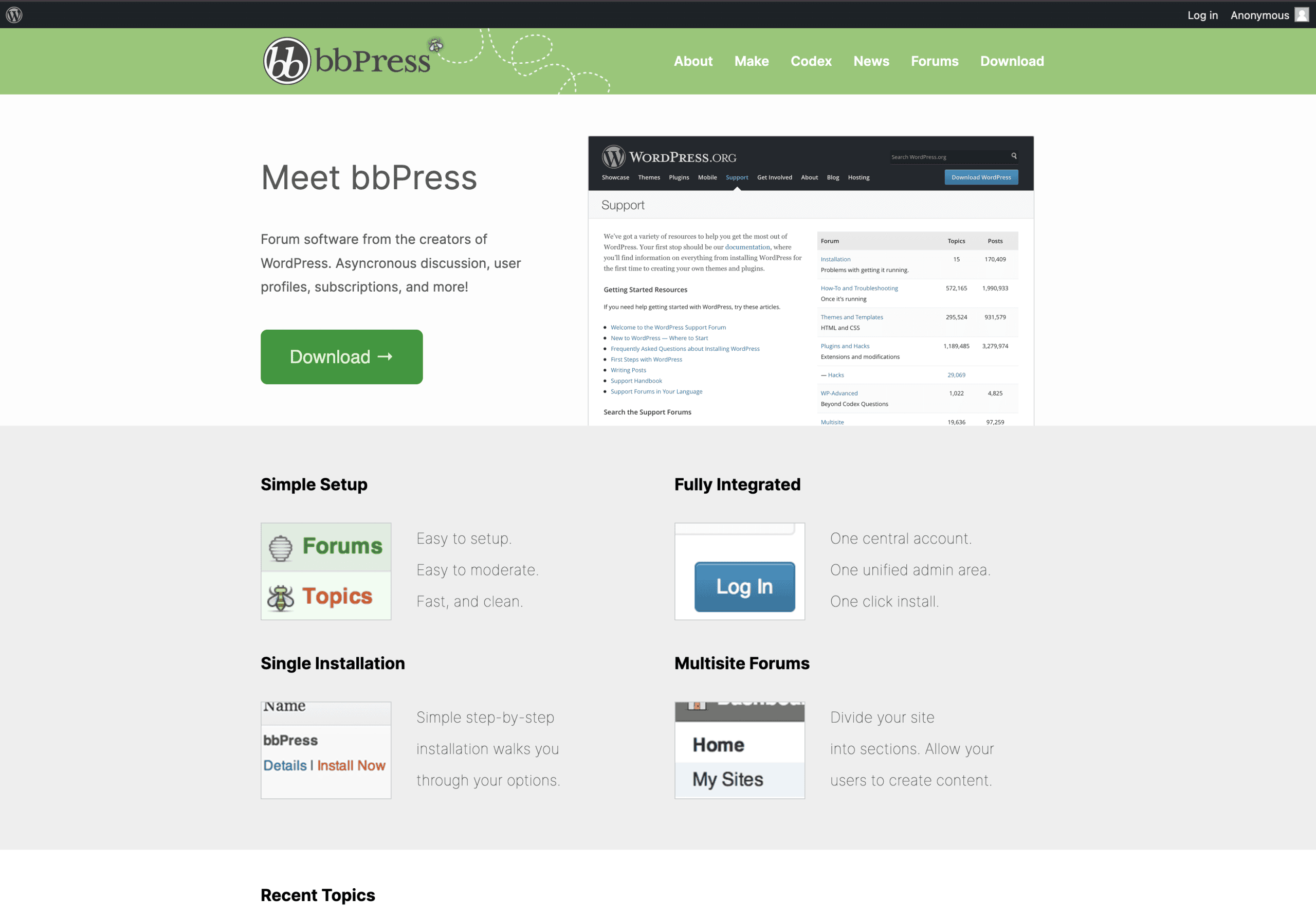 Screenshot of the bbPress website homepage featuring an introduction, download button, integration options, and main navigation menu.