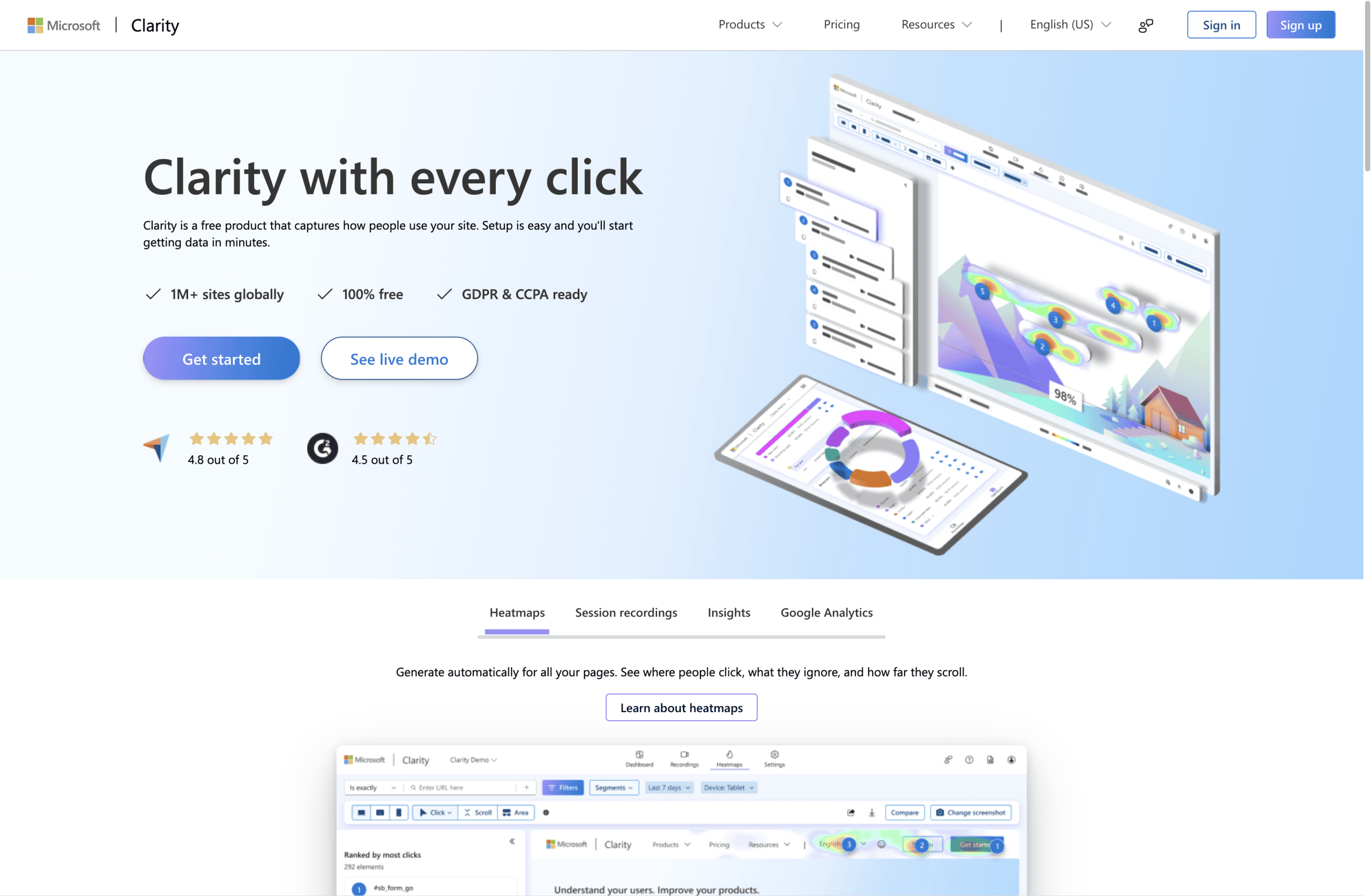 Screenshot of Microsoft Clarity homepage displaying features like heatmaps, session recordings, and key benefits such as free usage, GDPR compliance, and high user ratings.