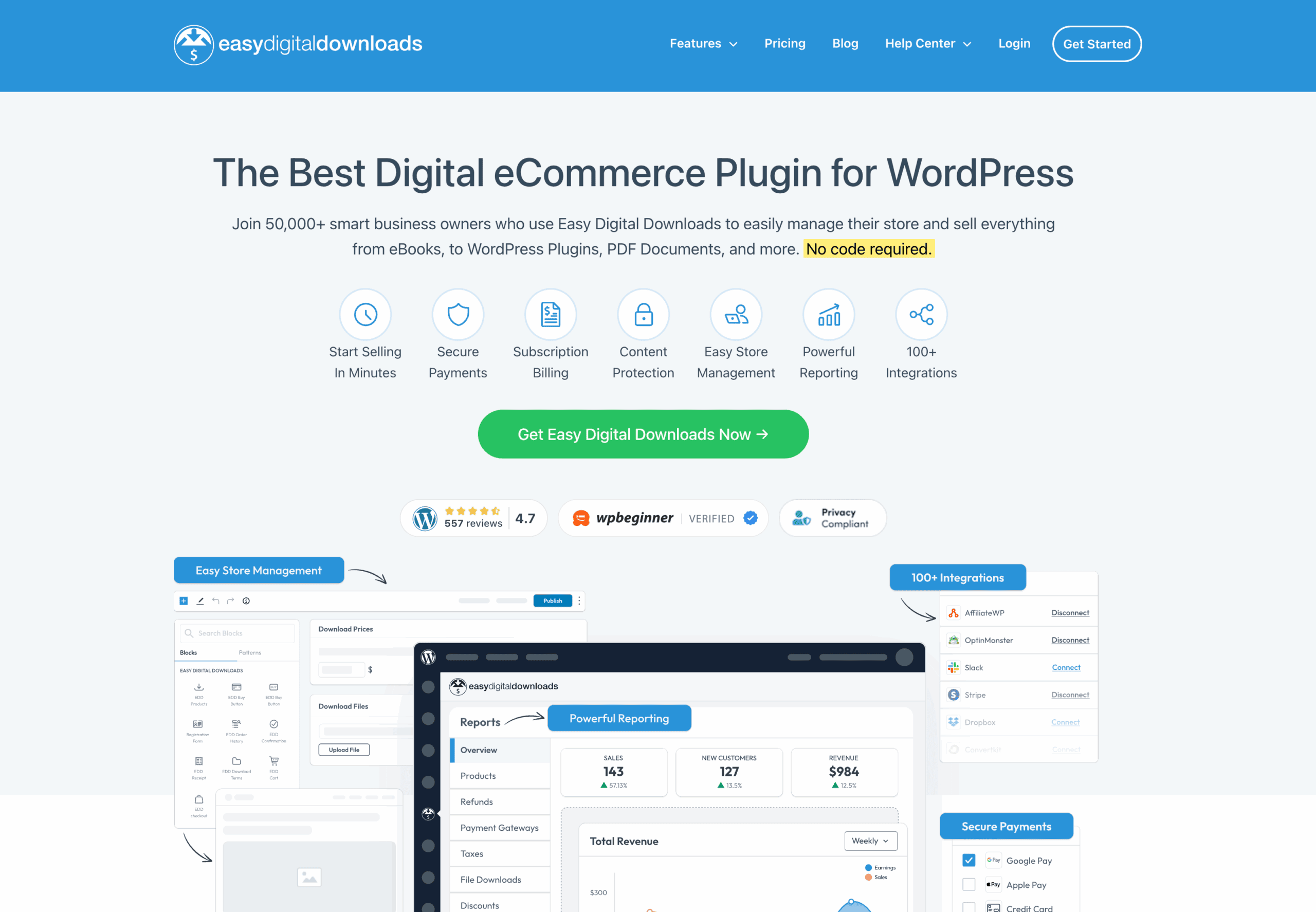Screenshot of Easy Digital Downloads homepage highlighting its WordPress eCommerce plugin features, integration options, user ratings, and a green "Get Easy Digital Downloads" button.