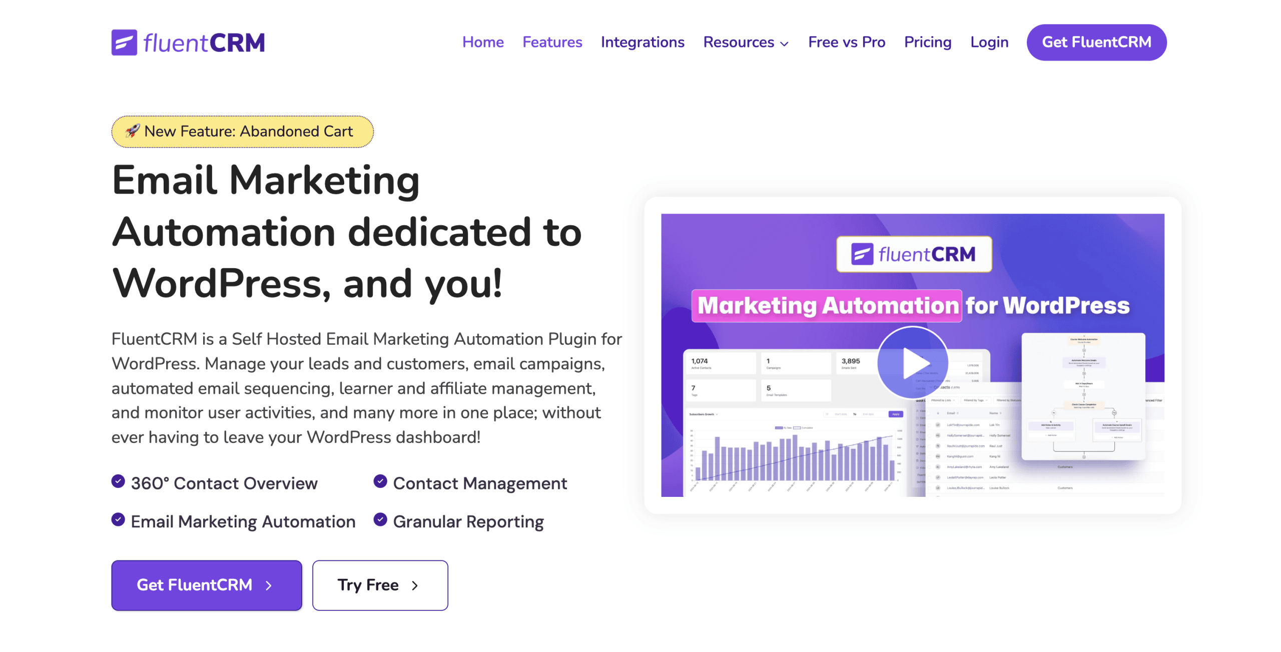 FluentCRM website homepage showing marketing automation features for WordPress, with a video thumbnail, feature list, and "Get FluentCRM" and "Try Free" buttons.