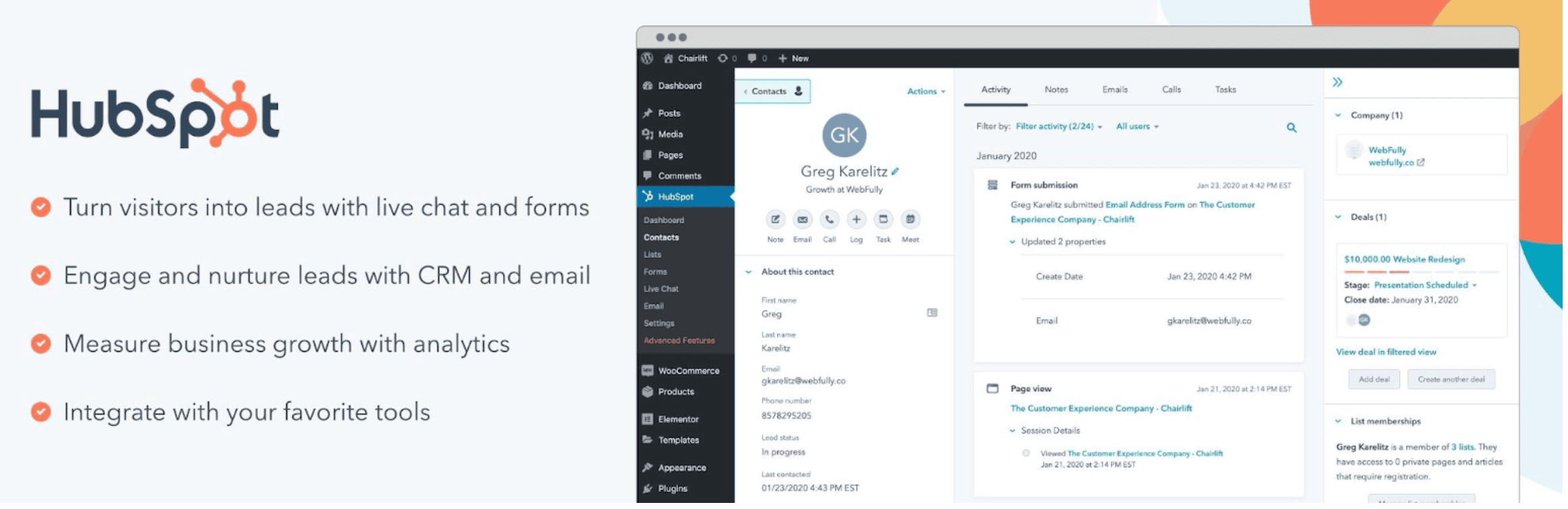 Screenshot of HubSpot dashboard showing contact management features, alongside a list highlighting live chat, CRM, analytics, and integration capabilities.