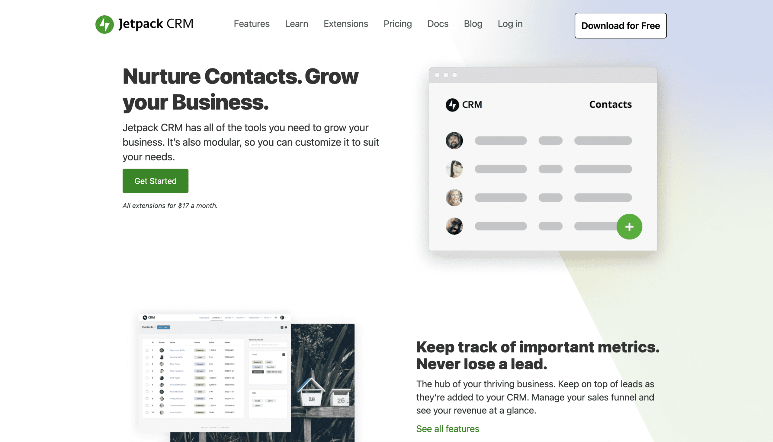 Jetpack CRM website homepage showing navigation menu, headline about growing business, call-to-action buttons, and illustrations of contact management features.