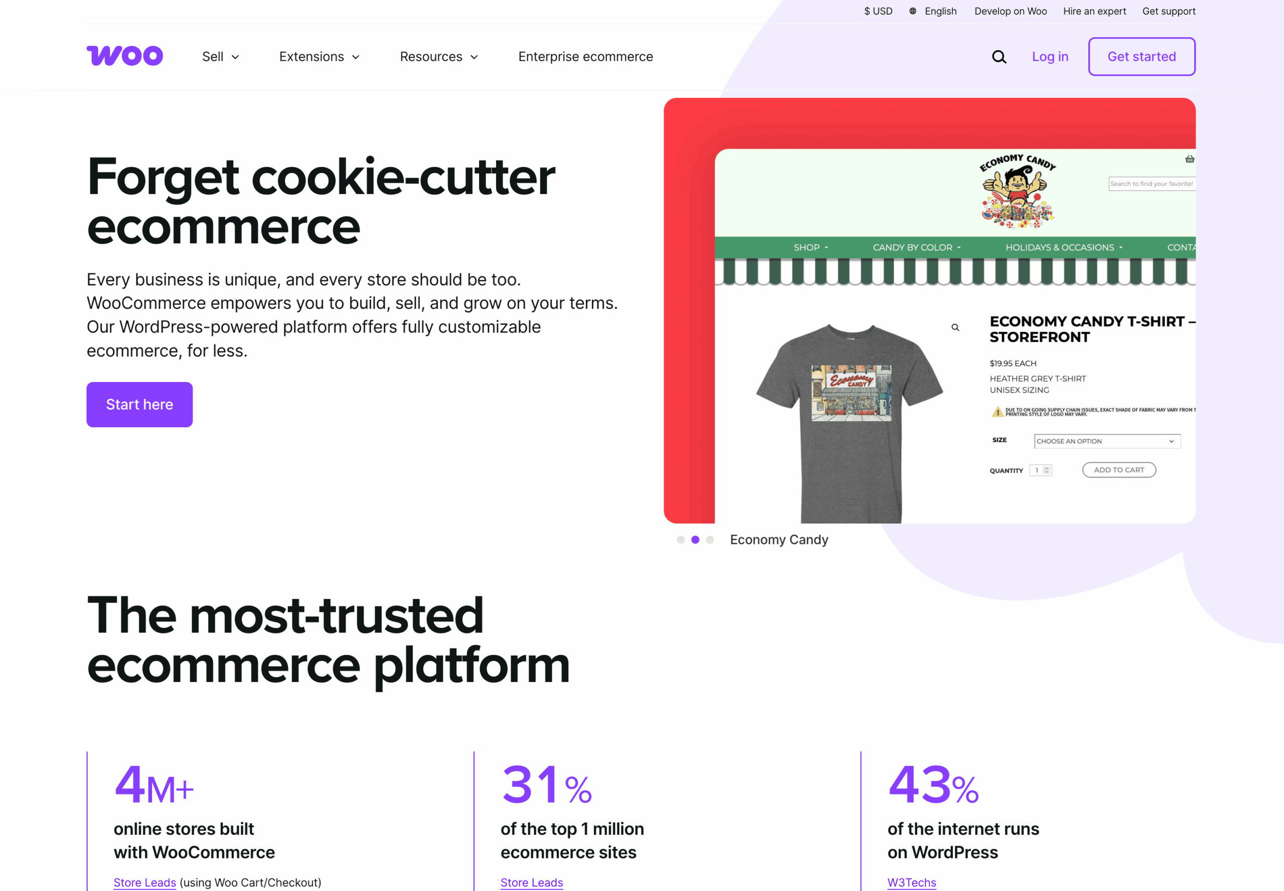 Screenshot of WooCommerce's homepage, highlighting its customizable ecommerce platform with statistics and a featured online store example.